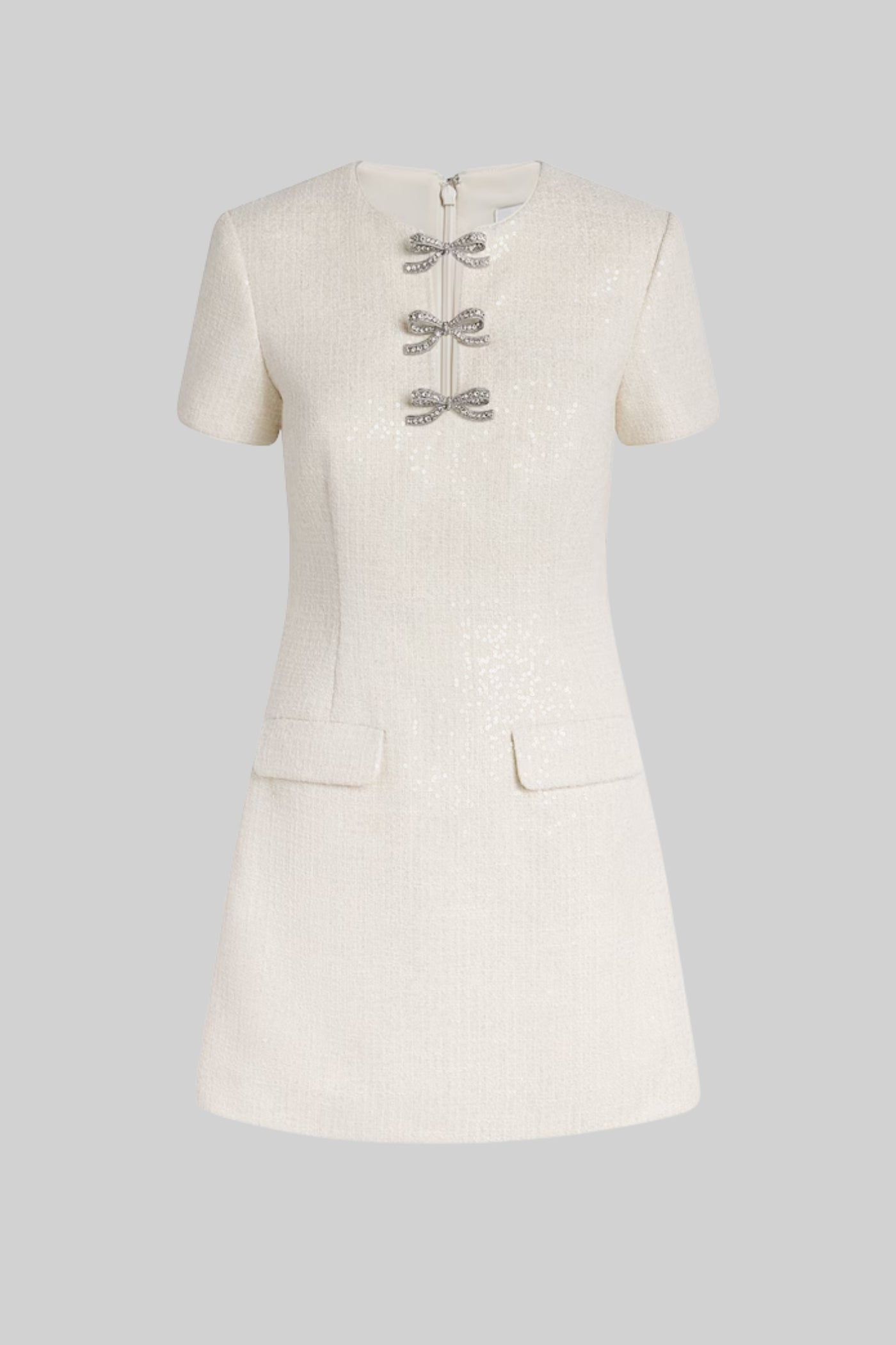Sequin Mini Dress with Crystal Bow Accents - Ivoire