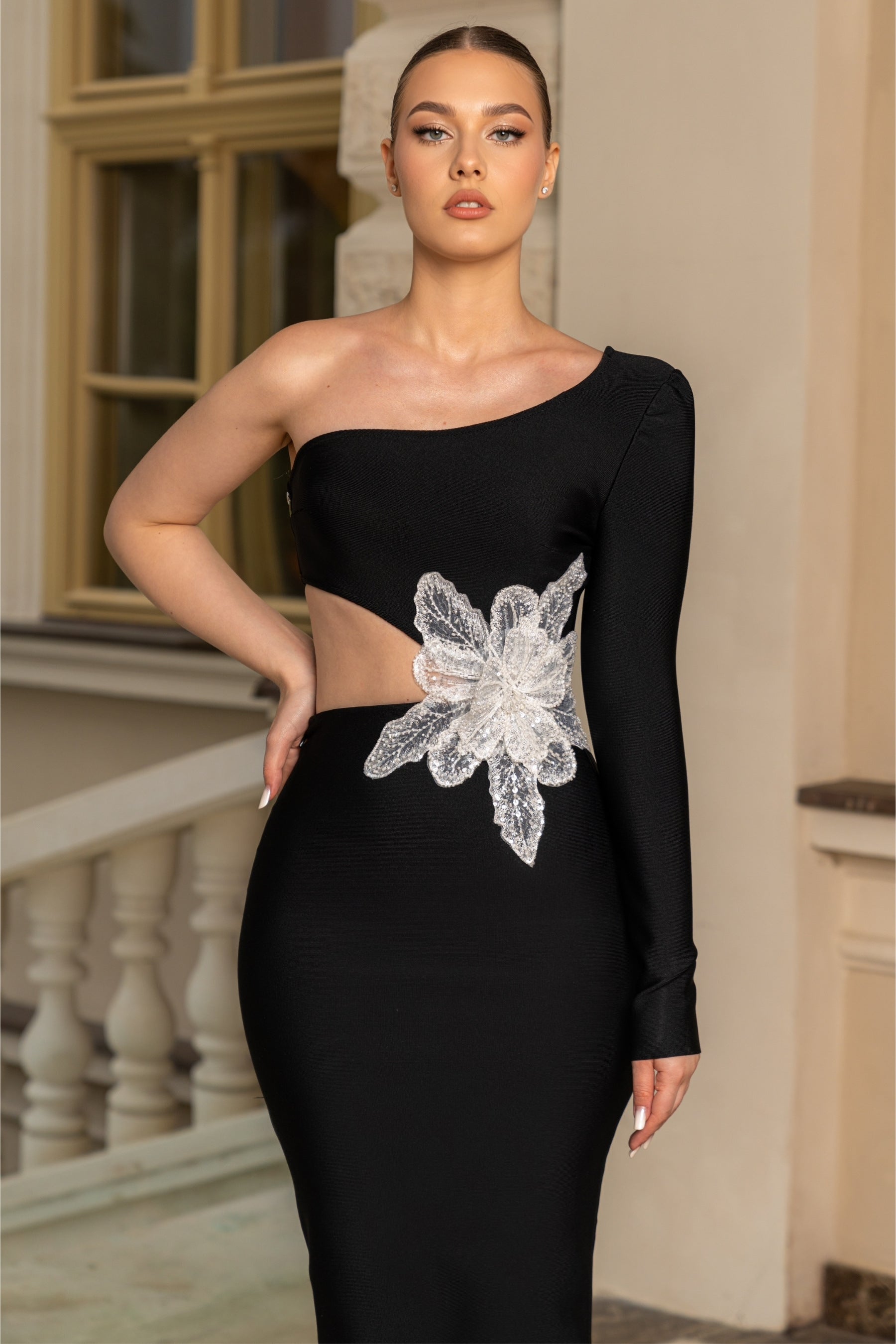 One Shoulder Midi Dress with Contrastant Flower detail - Black