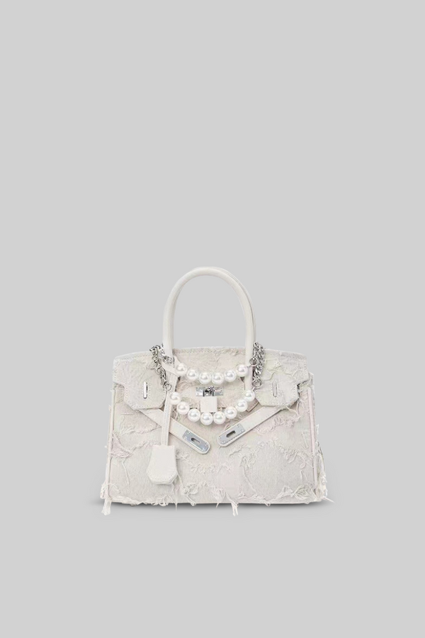 Medium classic hand-bag with chains and pearl details - Cream