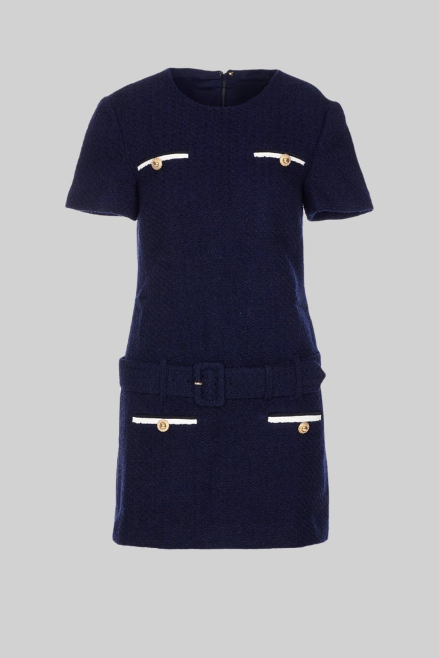 Belted Tweed Mini Dress with Contrast Pockets - Navy