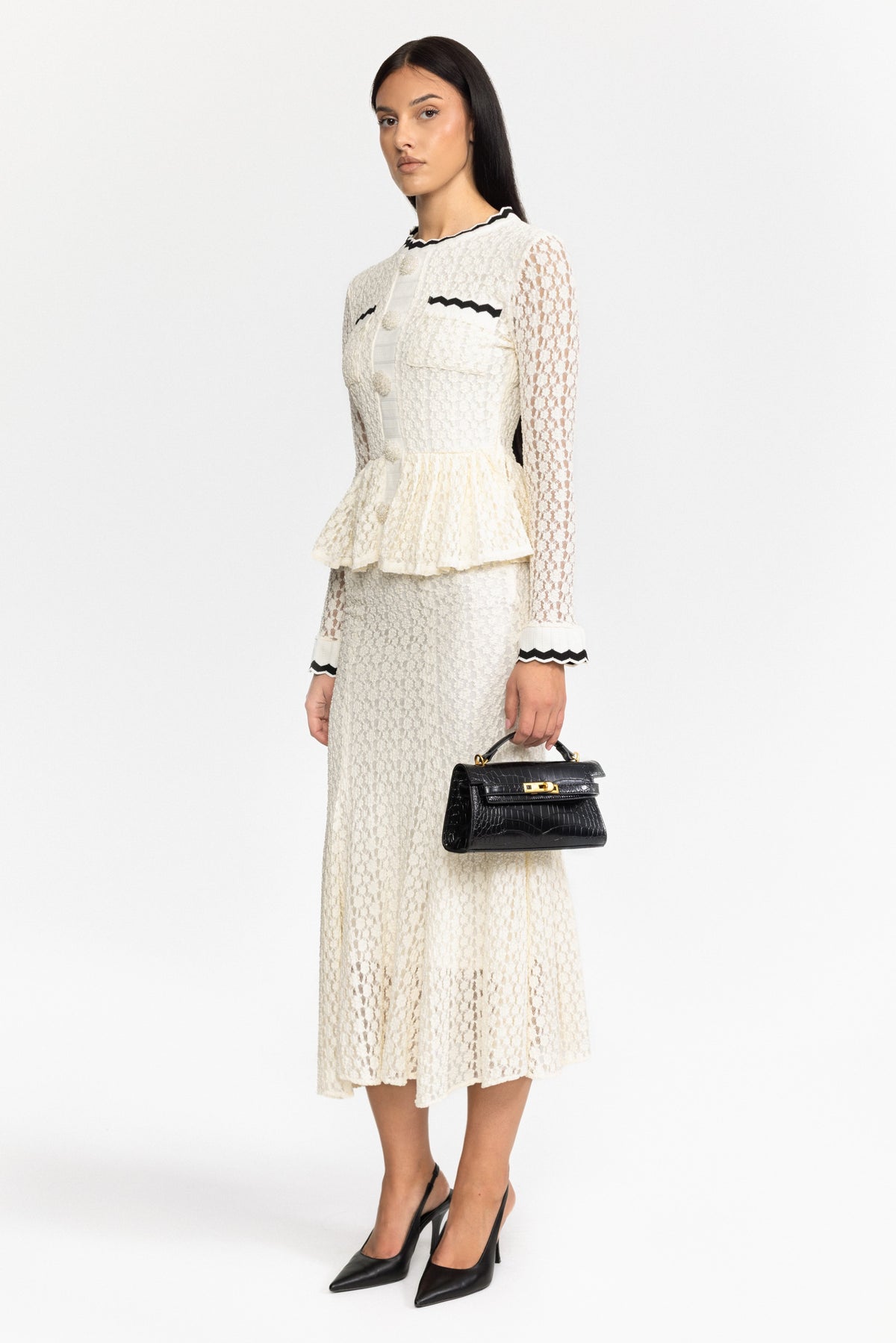 Crochet Knit Peplum Midi Dress with Ric-Rac Trim - Off-White