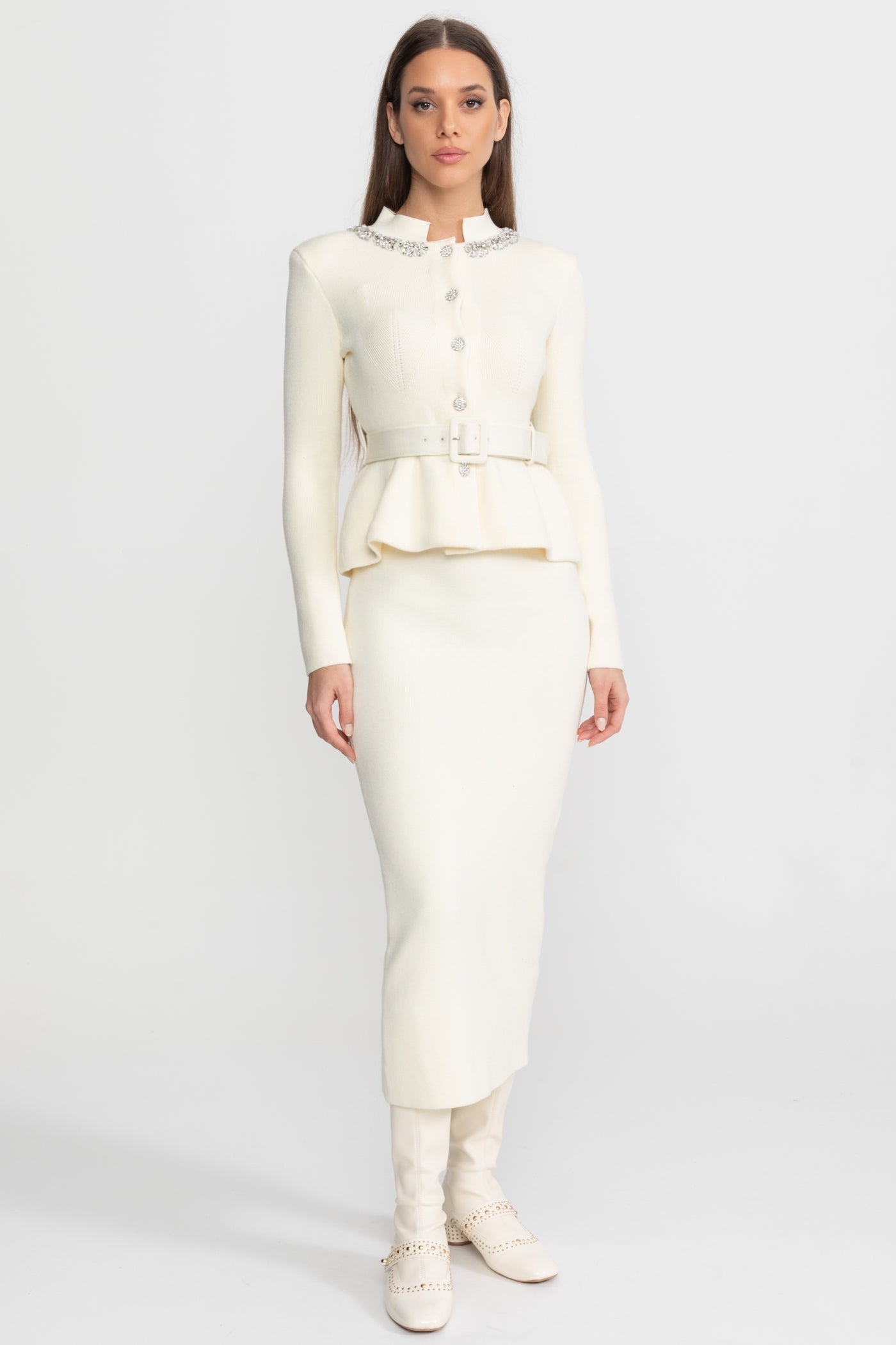 Midi Dress with Peplum Waist and Crystal Collar – Ivoire, Xs
