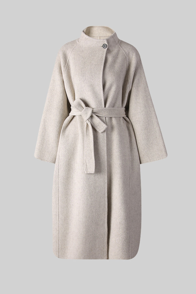 Belted Midi Coat With High Neckline - Beige