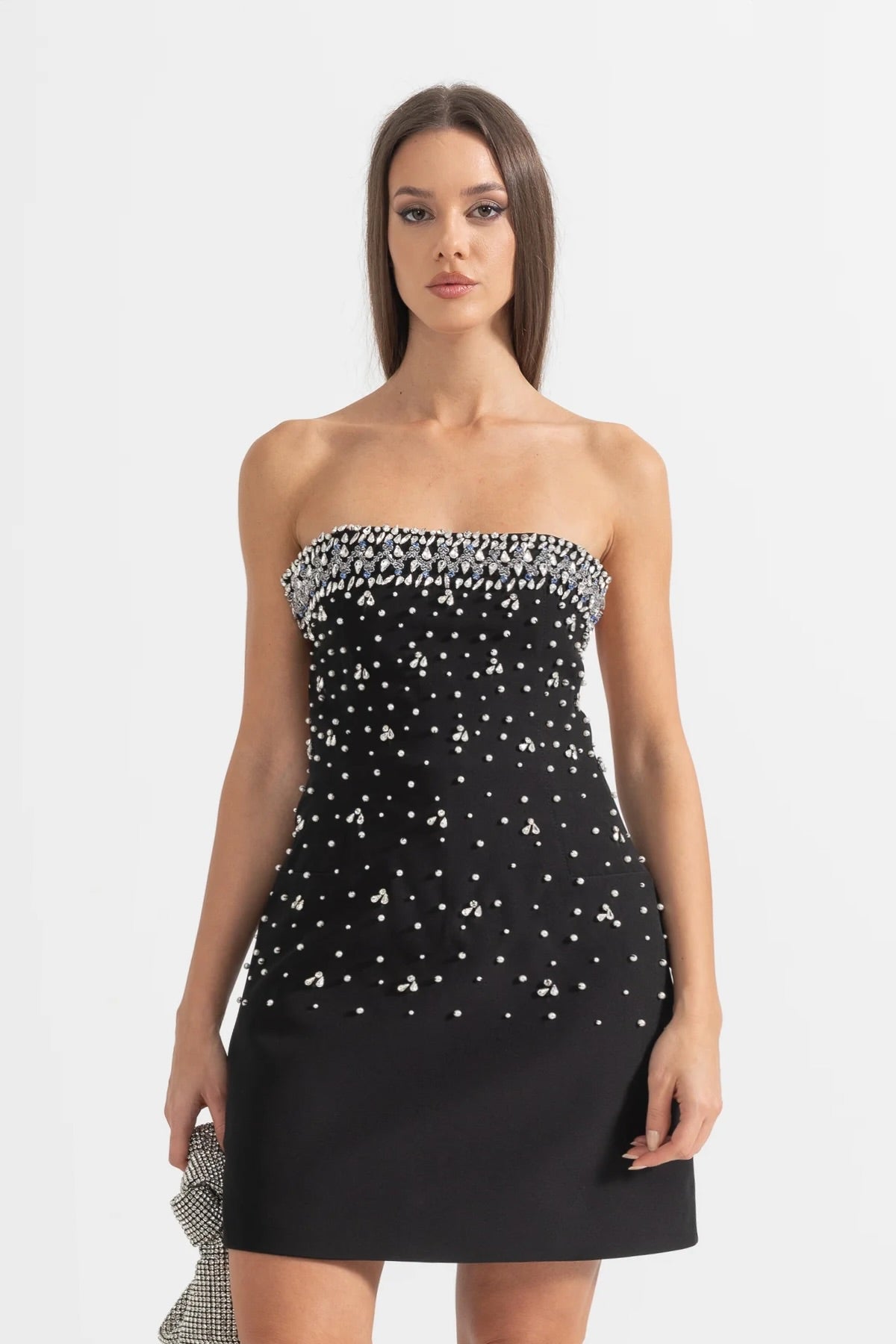 Sleeveless Mini Dress with Crystal Embellishments - Black