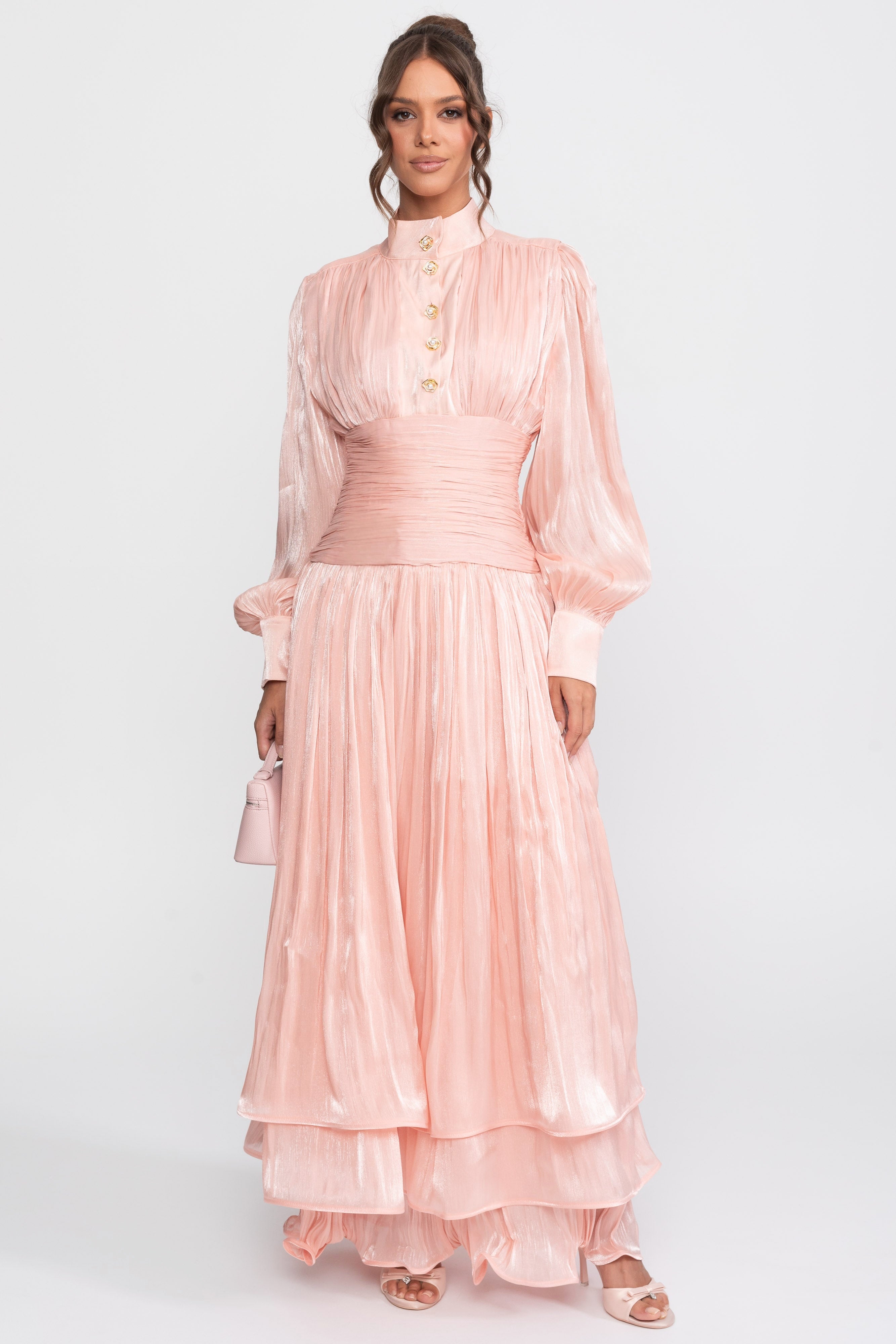 Balloon-Sleeve Tiered Maxi Dress With Jeweled Rose Buttons - Peach