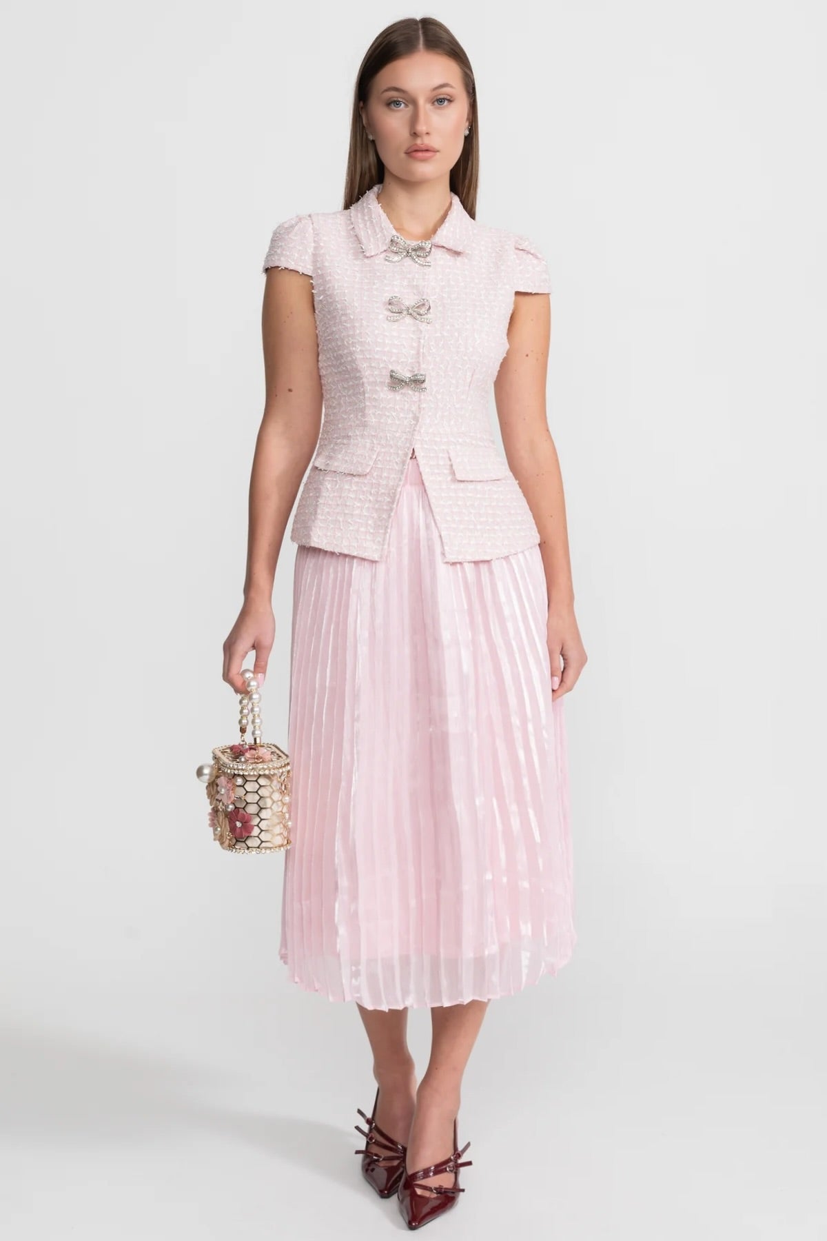 Tweed and Organza Co-ord Set with Crystal Bow Buttons - Pink