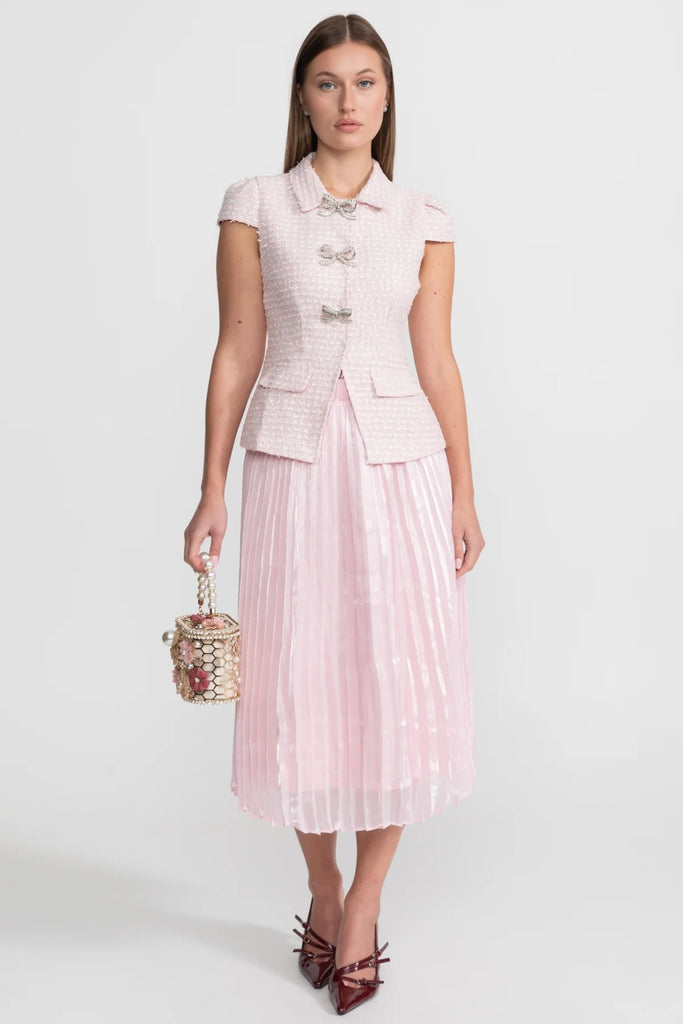 Tweed and Organza Co-ord Set with Crystal Bow Buttons - Pink