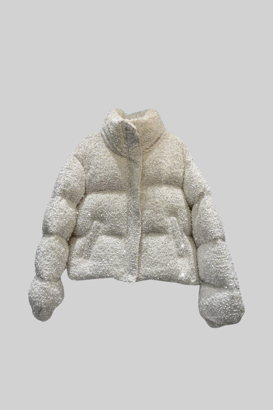 Textured High Collar Puffer Jacket With Sequin Embellishments - White