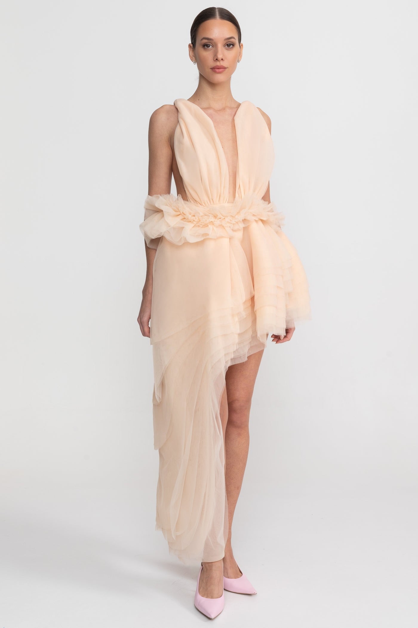Plunging Sleeveless Mini Dress With Asymmetric Tulle Train - Champagne
