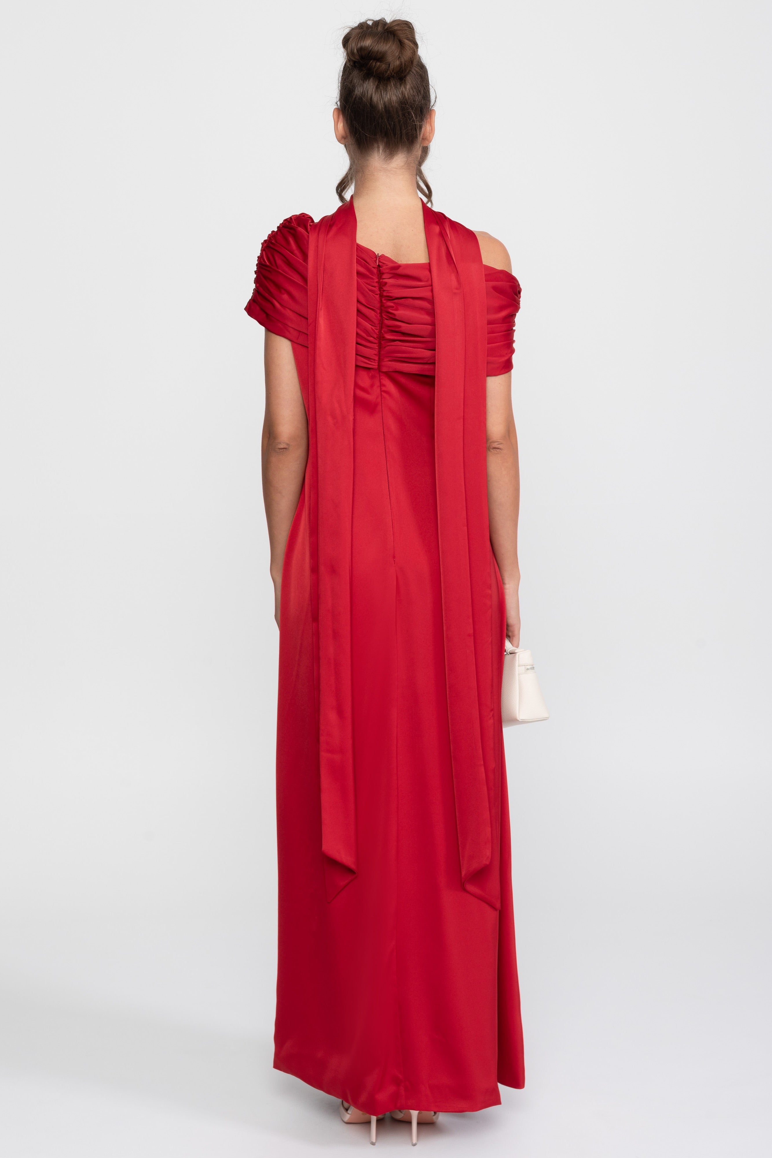 One-Shoulder Draped Satin Gown With Ruched Wrap - Red