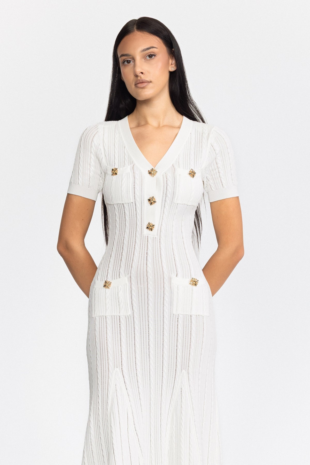 Cable Knit Jewel-Button Midi Dress - White