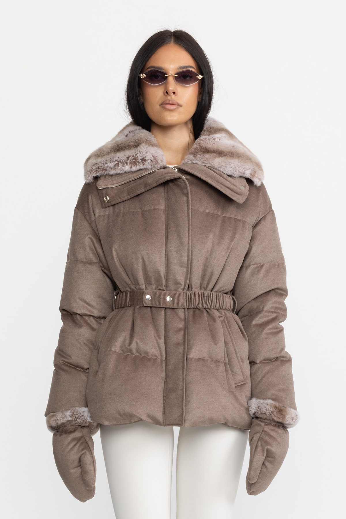 Rex Rabbit Fur Collar Cotton-Silk Down Jacket - Taupe