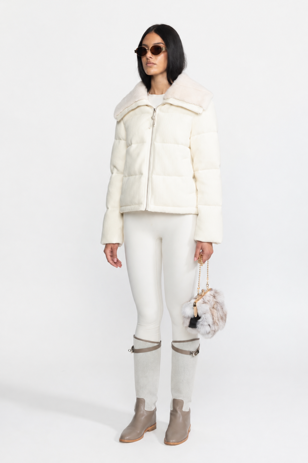 Ribbed Cashmere Down Puffer Jacket with Mink Fur Collar - Ivoire