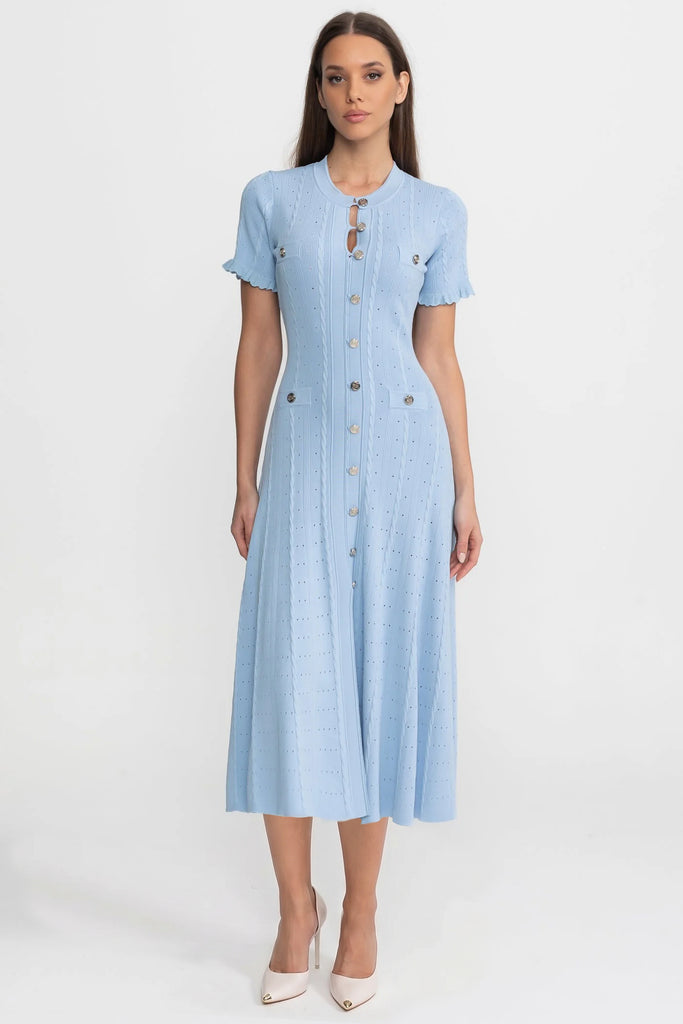 Knit Button-Front Midi Dress with Scalloped Sleeves – Baby Blue