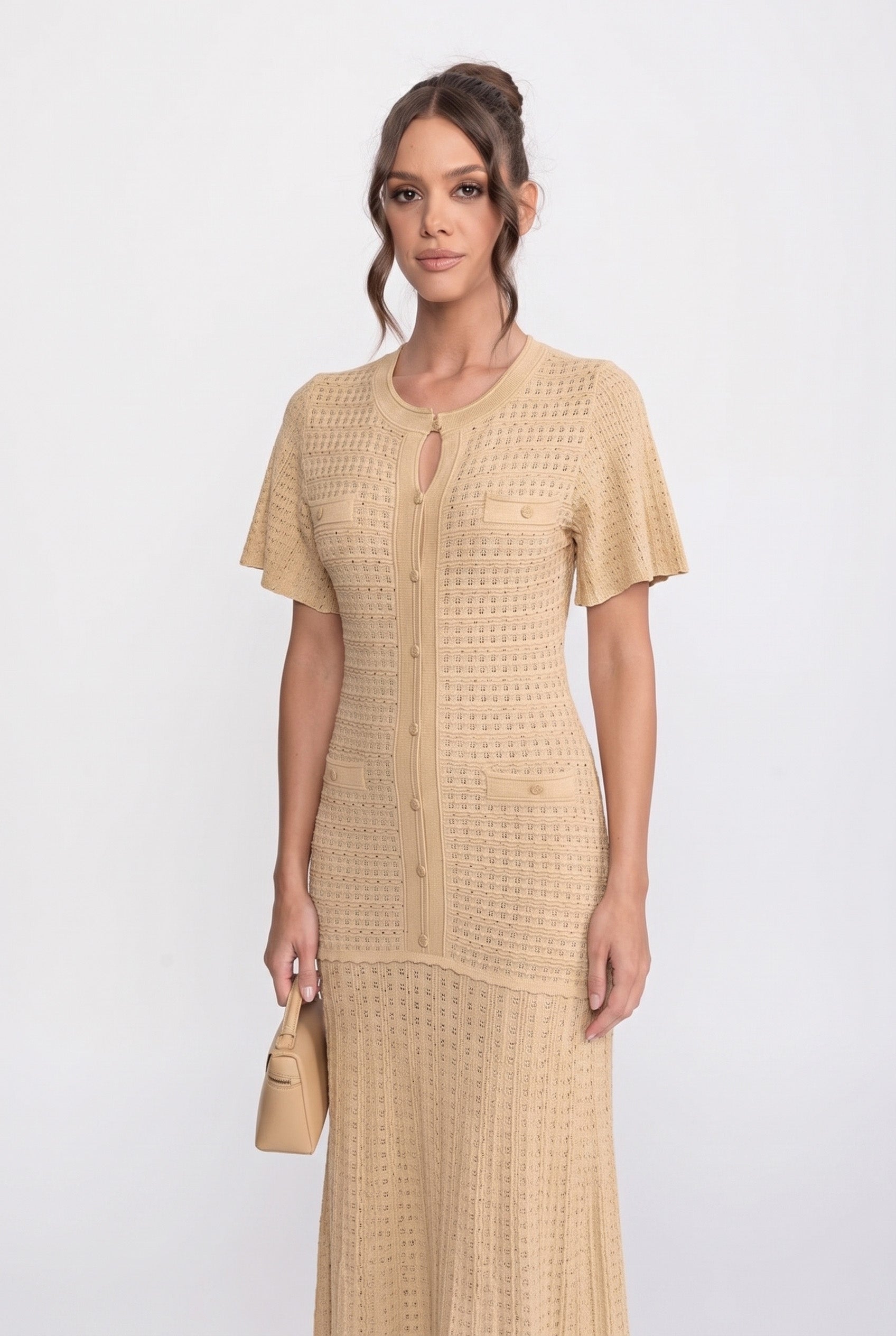 Short Sleeve Midi Dress With Shimmer Knit Texture - Beige
