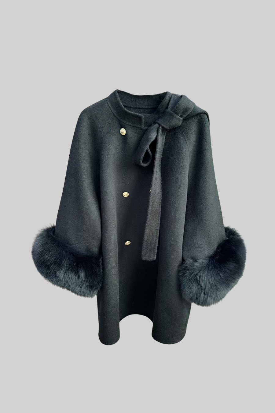 Double Breasted Overcoat With Fur Cuff Accents And Neckline Ribbon - Black