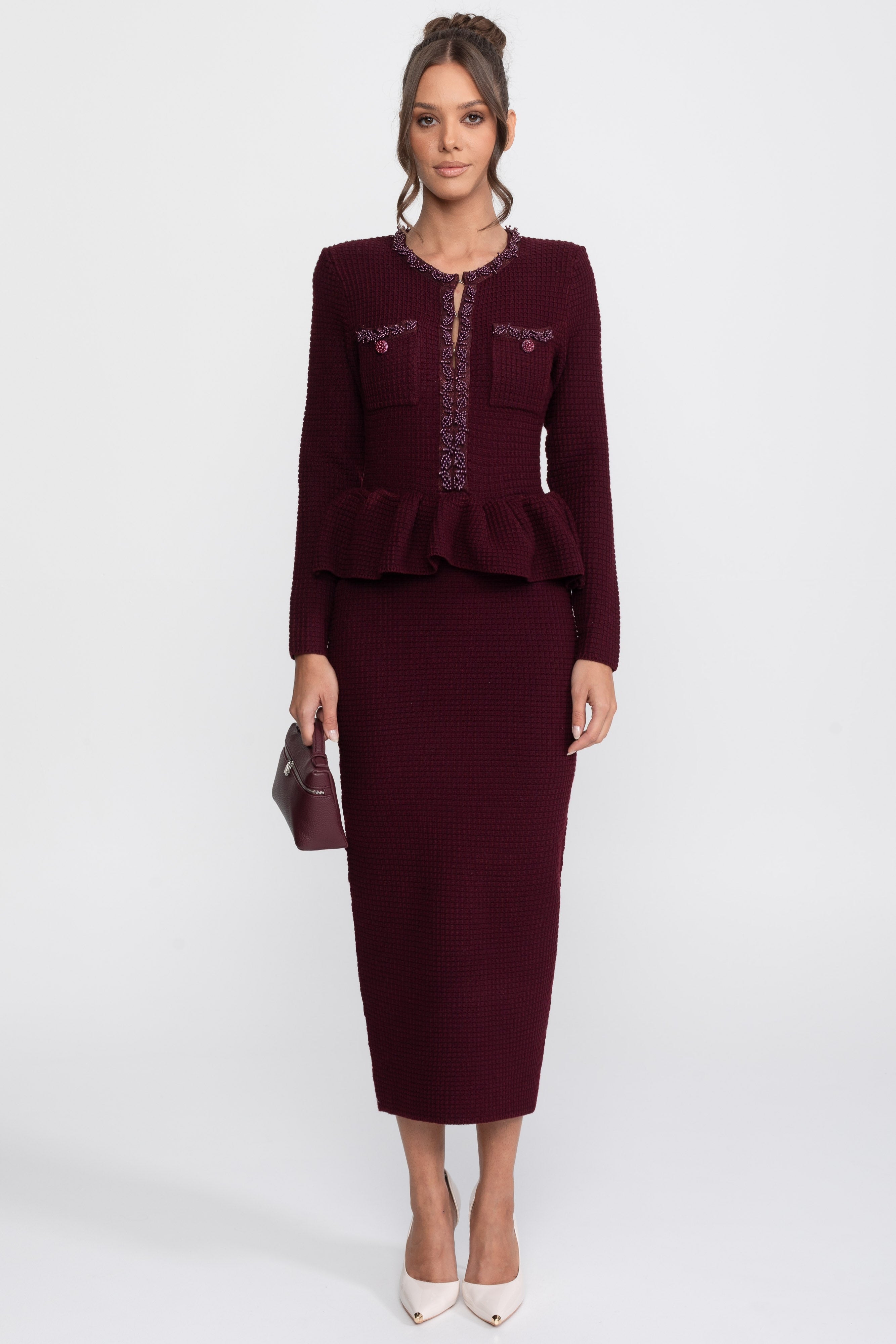 Fringe Trim Knit Peplum Dress With Front Chest Pockets - Burgundy
