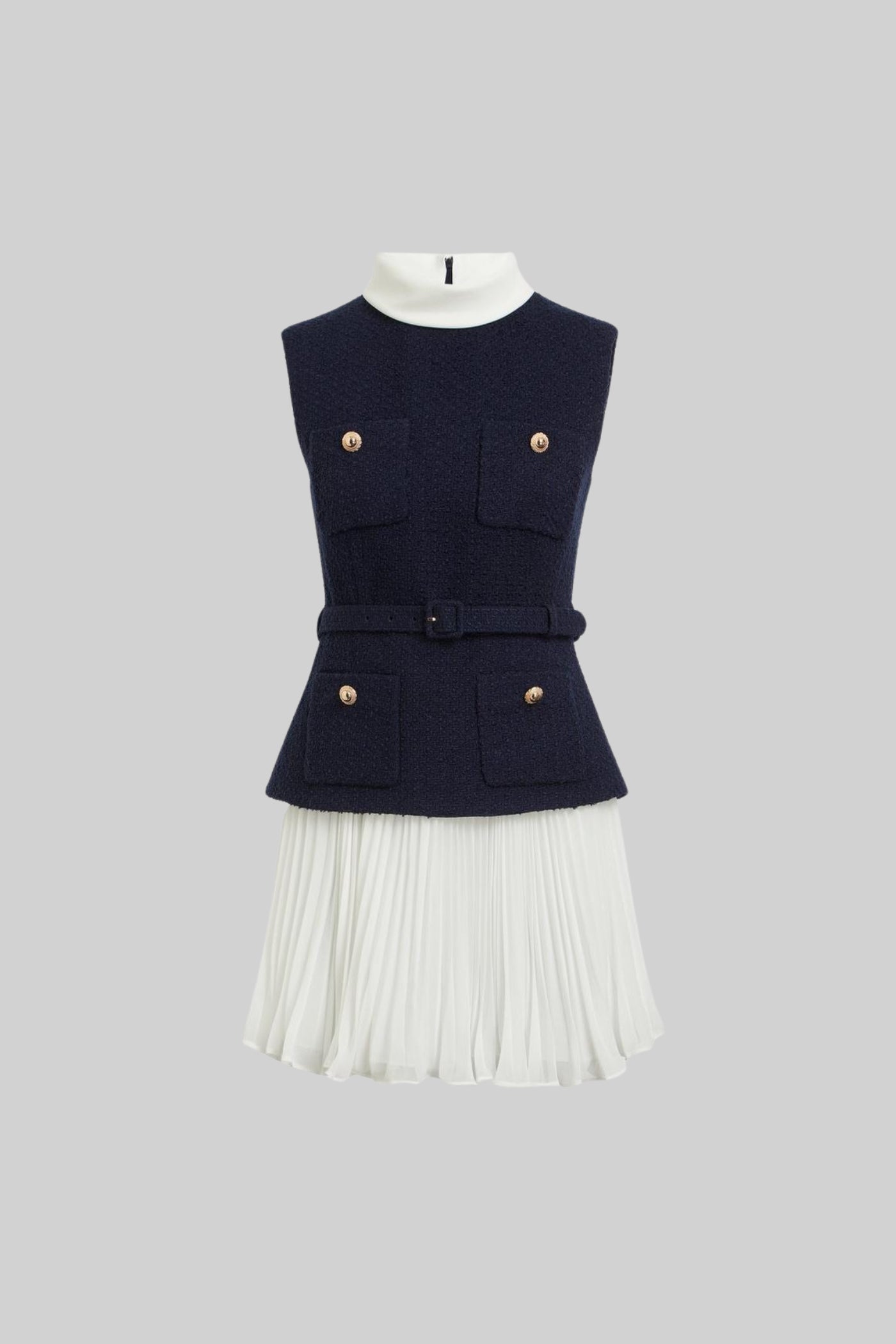 Structured Sleeveless Dress with Pleated Skirt and Contrast Collar - Navy/White