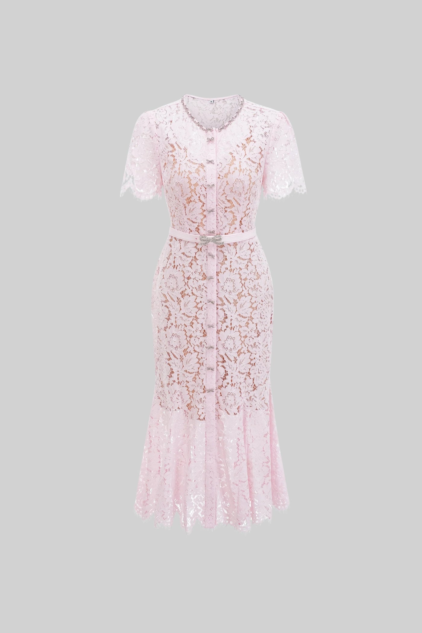 Elegant Floral Lace Fitted Dress with Button Detail and Scalloped Hem - Blush Pink, S Elegant Floral Lace Fitted Dress with Button Detail and Scalloped Hem - Blush Pink, S