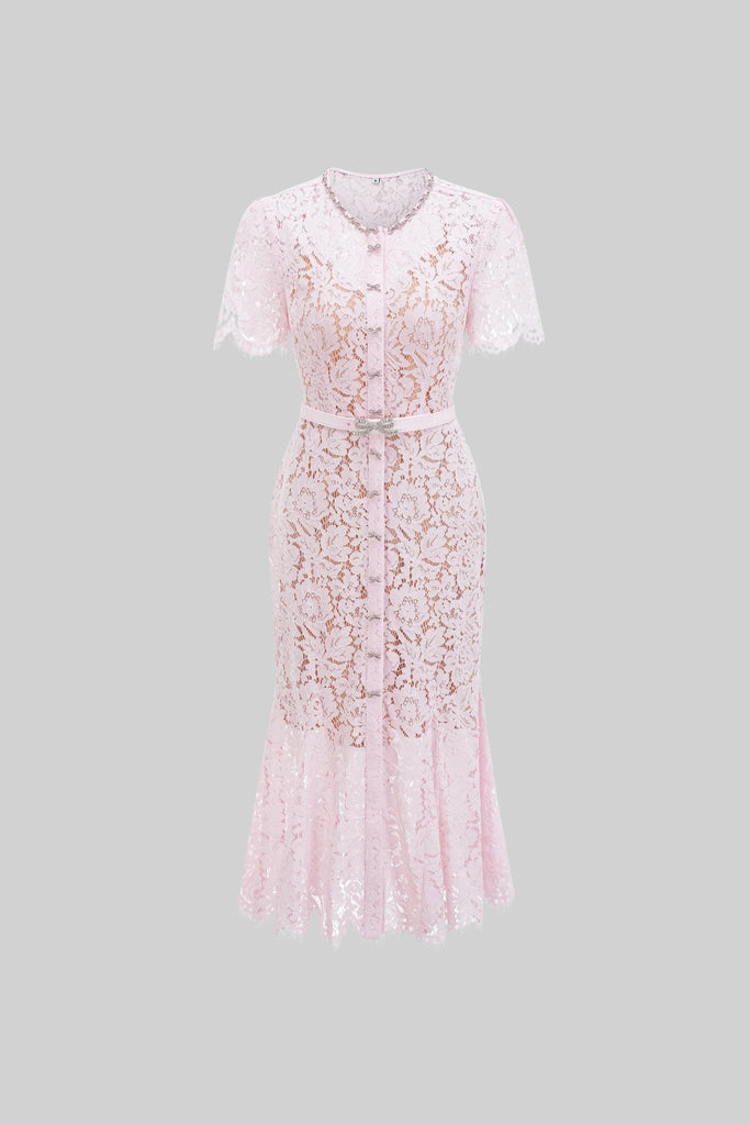 Elegant Floral Lace Fitted Dress with Button Detail and Scalloped Hem - Blush Pink