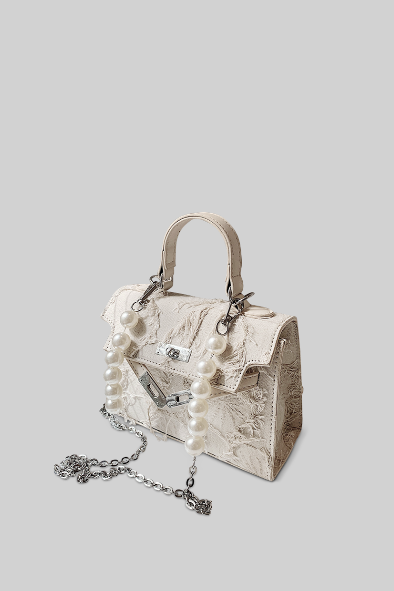 Medium classic hand-bag with chains and pearl details - Cream