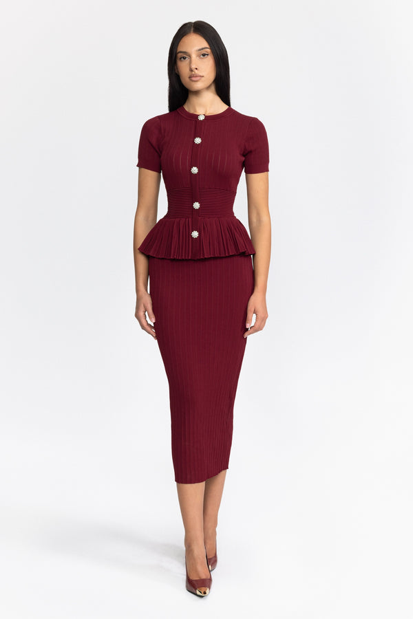 Pleated Peplum Knit Pencil Midi Dress - Wine