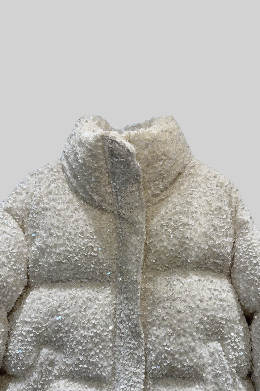 Textured High Collar Puffer Jacket With Sequin Embellishments - White