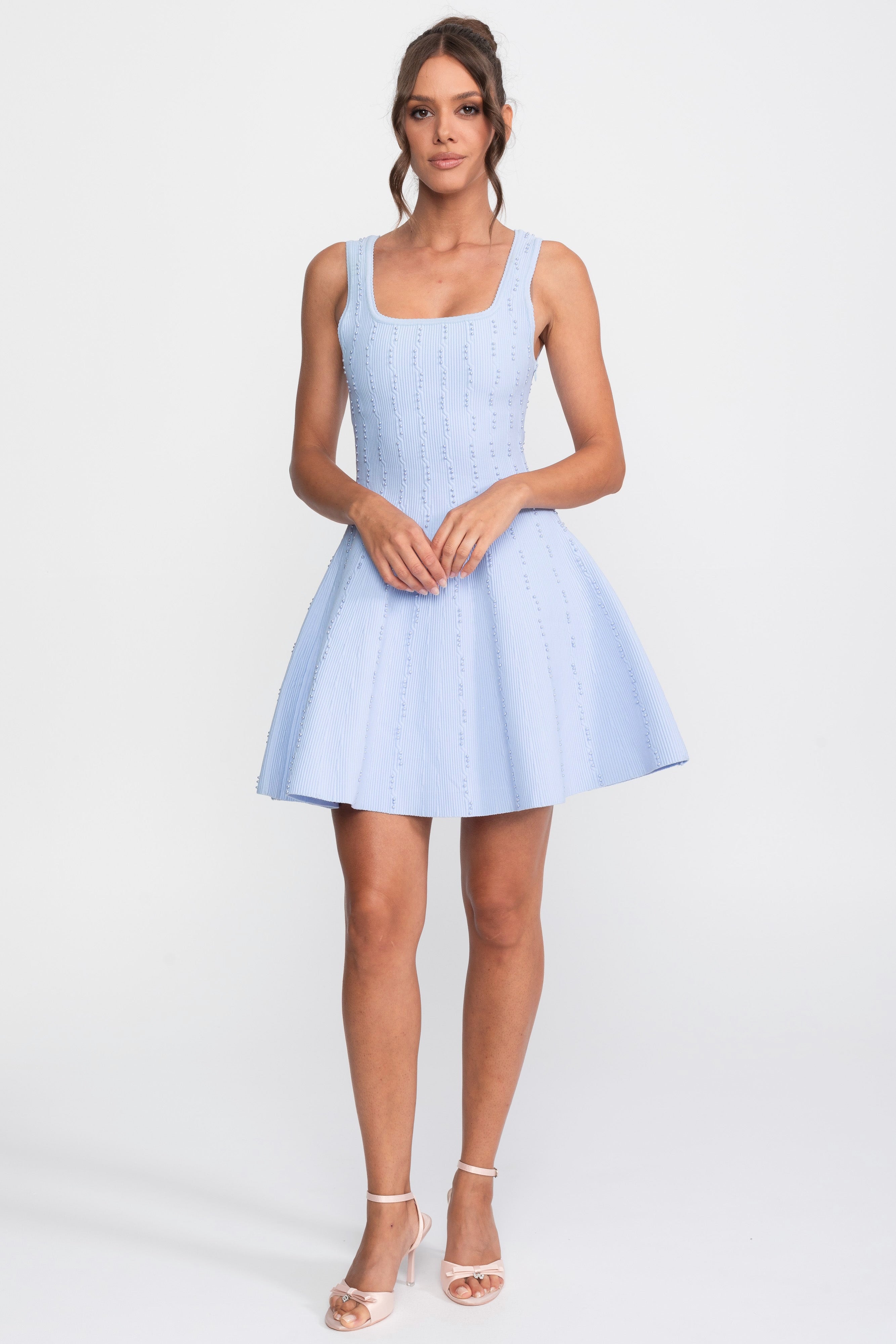 Pearl Beaded Ribbed Mini Dress With Square Neck - Light Blue