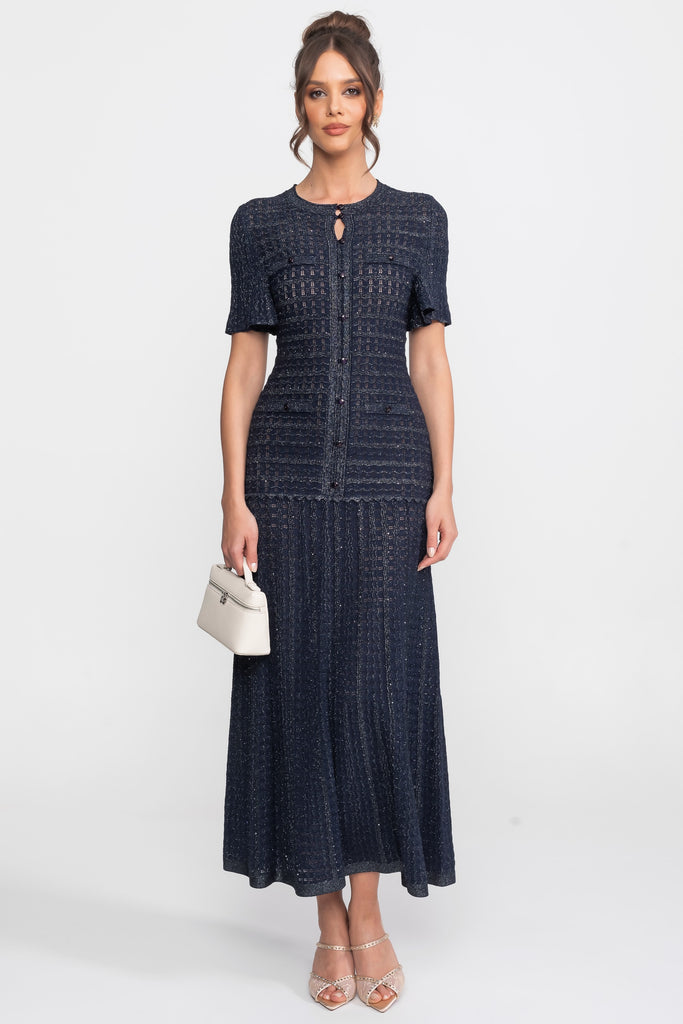 Short Sleeve Midi Dress With Shimmer Knit Texture - Navy