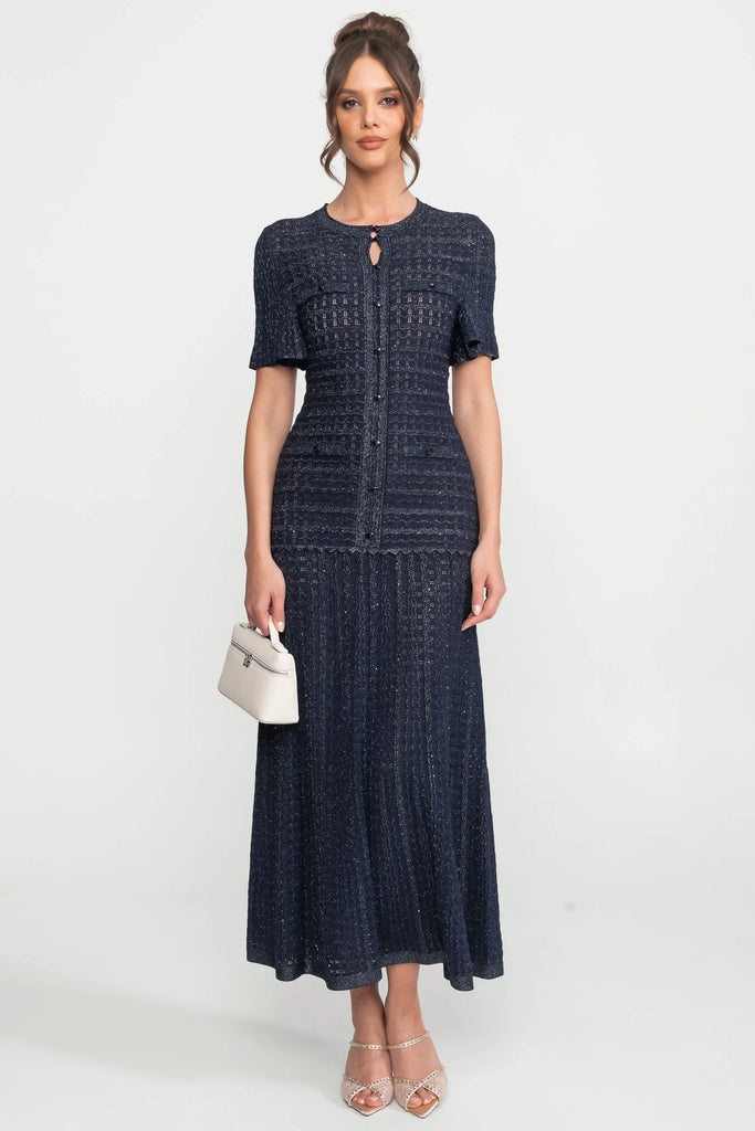 Short Sleeve Midi Dress With Shimmer Knit Texture - Navy