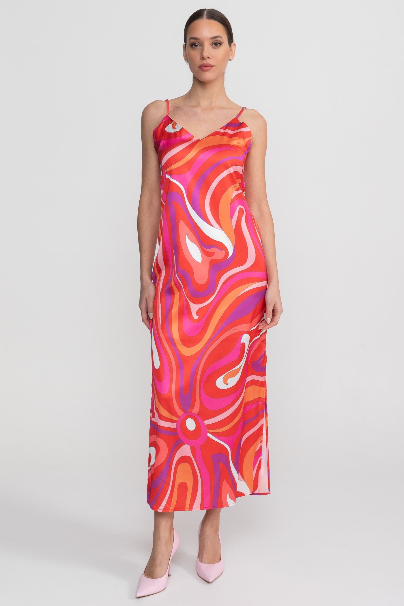 Printed Strappy Midi Dress With Abstract Swirl Pattern - Red