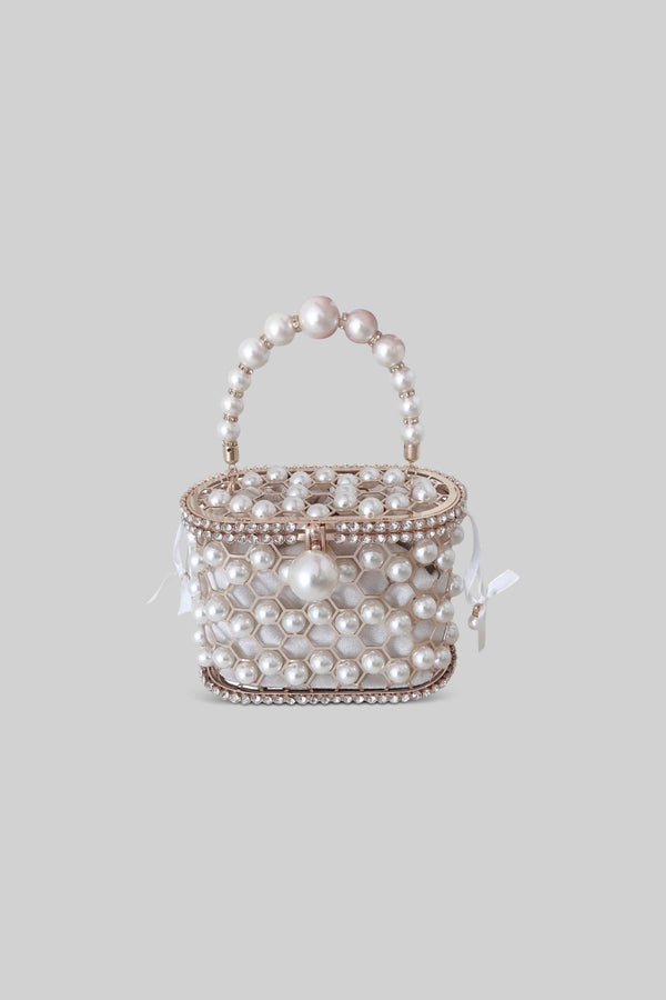 Metallic Bag with Pearls - White