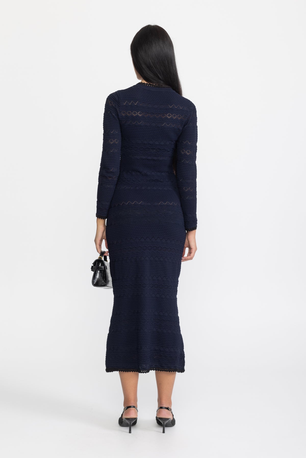 Crochet Trim Knit Button Midi Dress with Flower Brooch - Navy