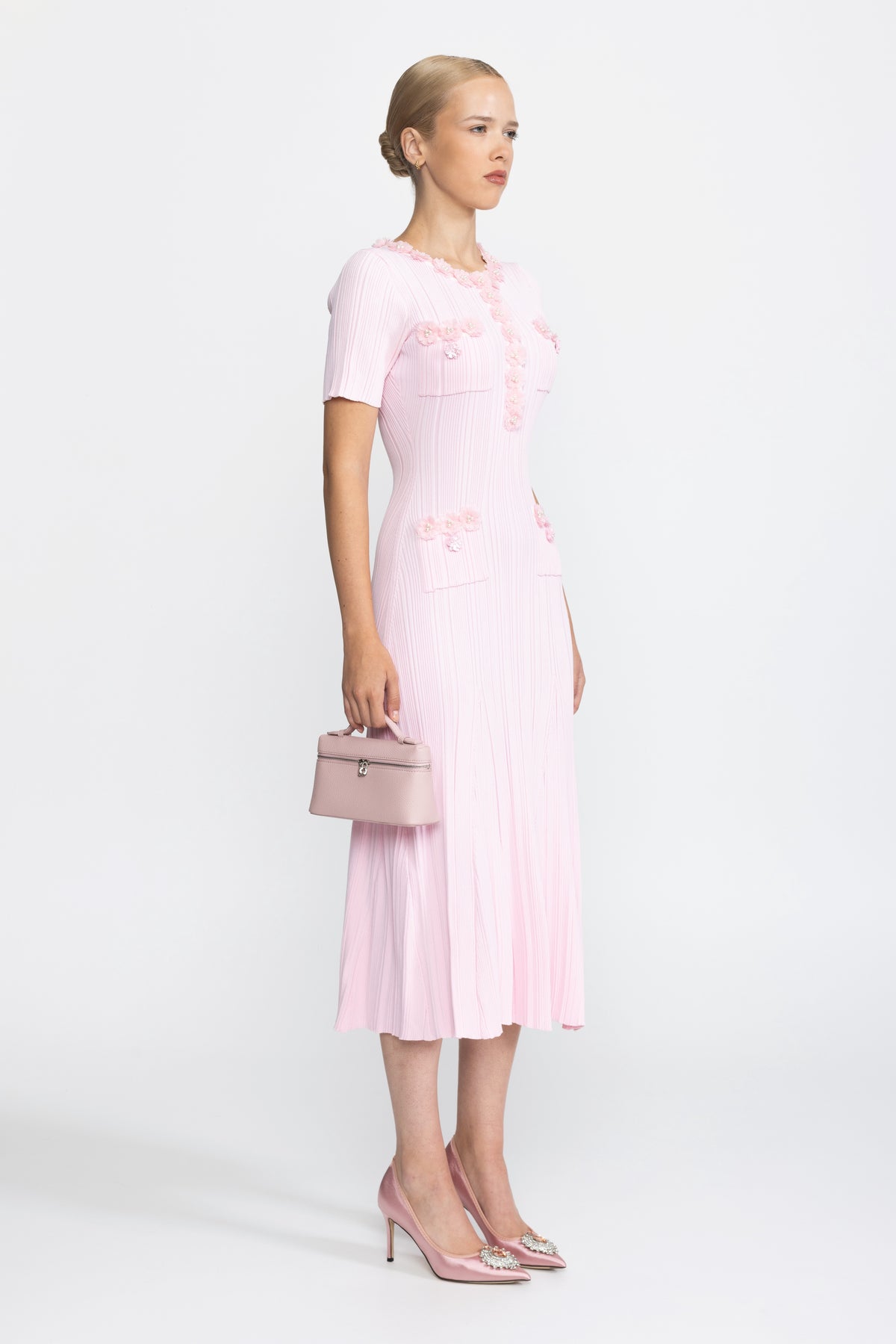 Ribbed Knit Flower Appliqué Midi Dress - Pink