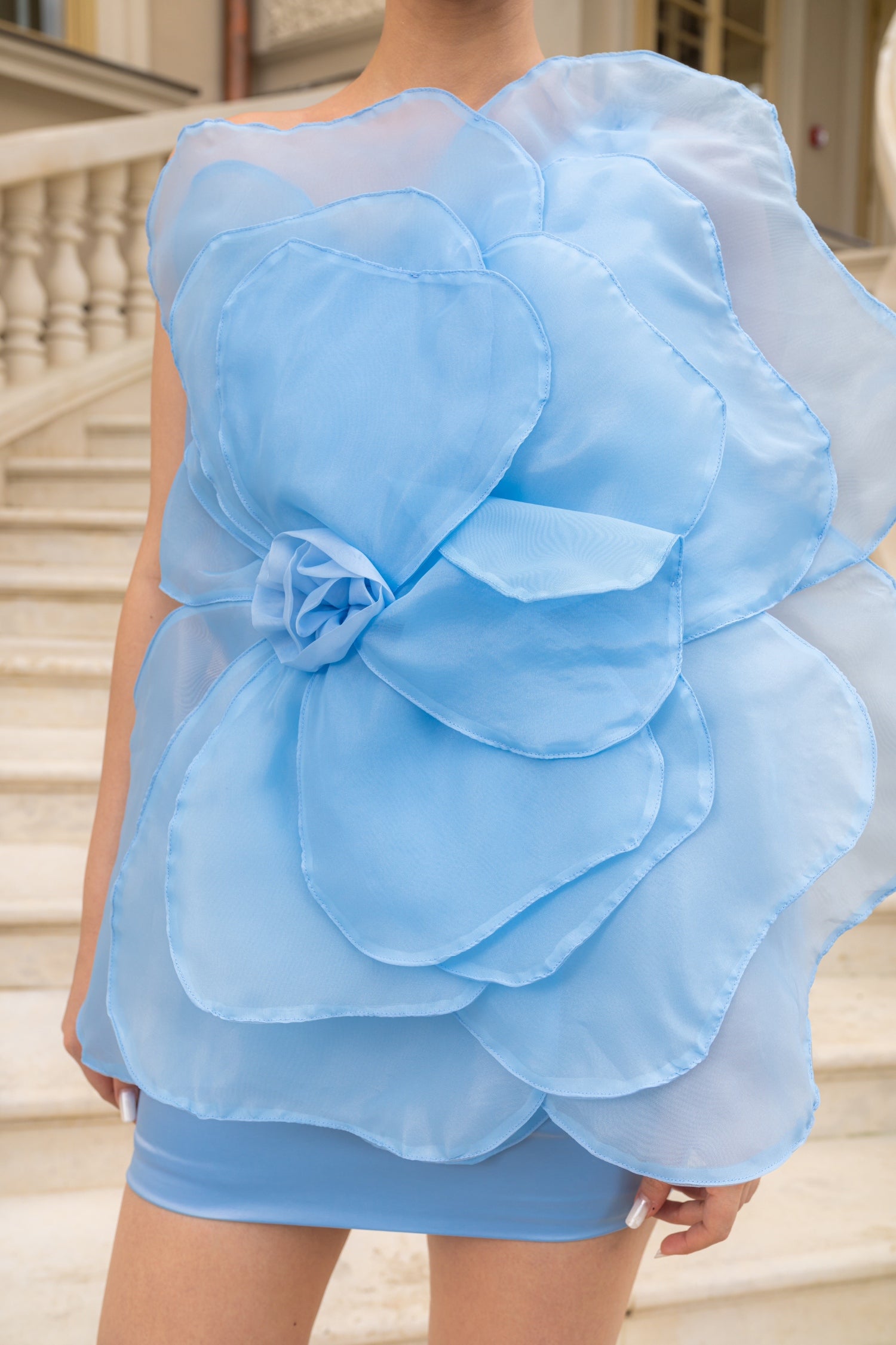 3D Voluminous Organza Floral Mini Dress - Blue