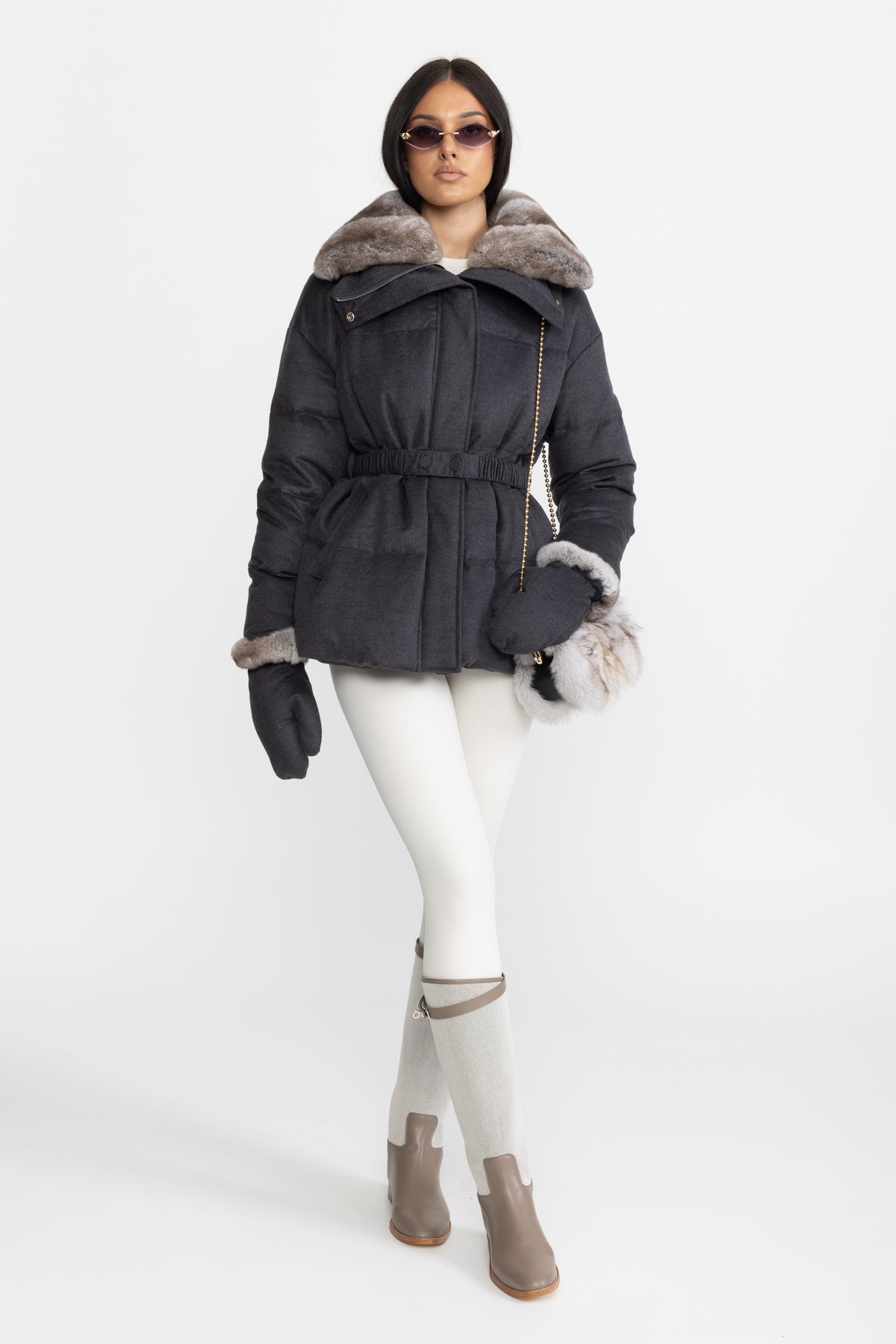 Rex Rabbit Fur Collar Cotton-Silk Down Jacket - Charcoal