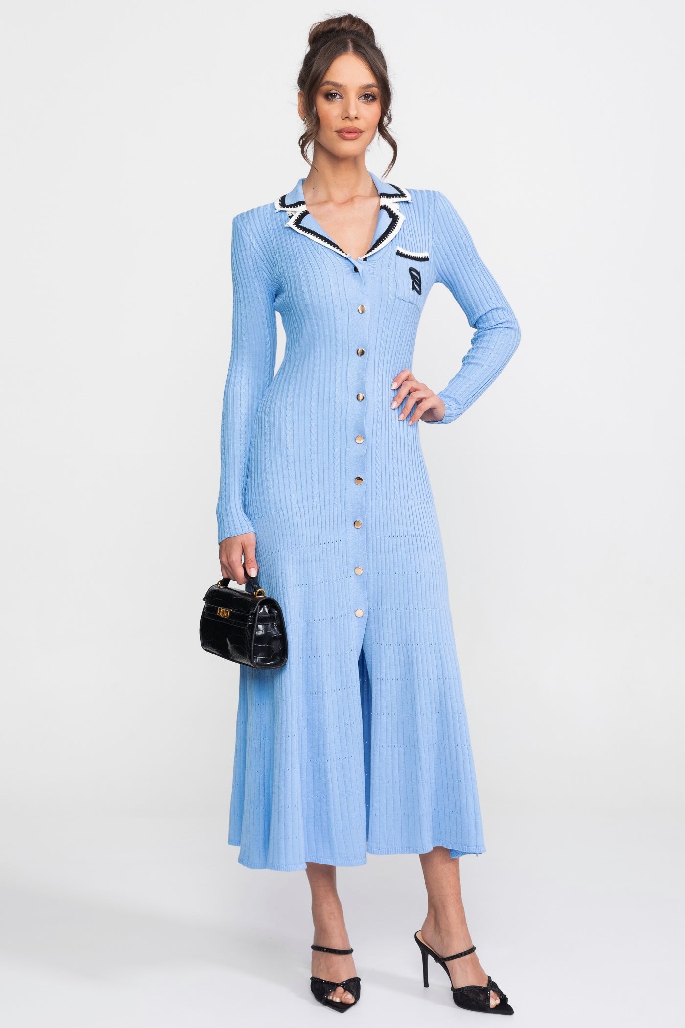 Long Sleeve Knit Midi Dress With Polo Collar And Monogram Patch - Blue