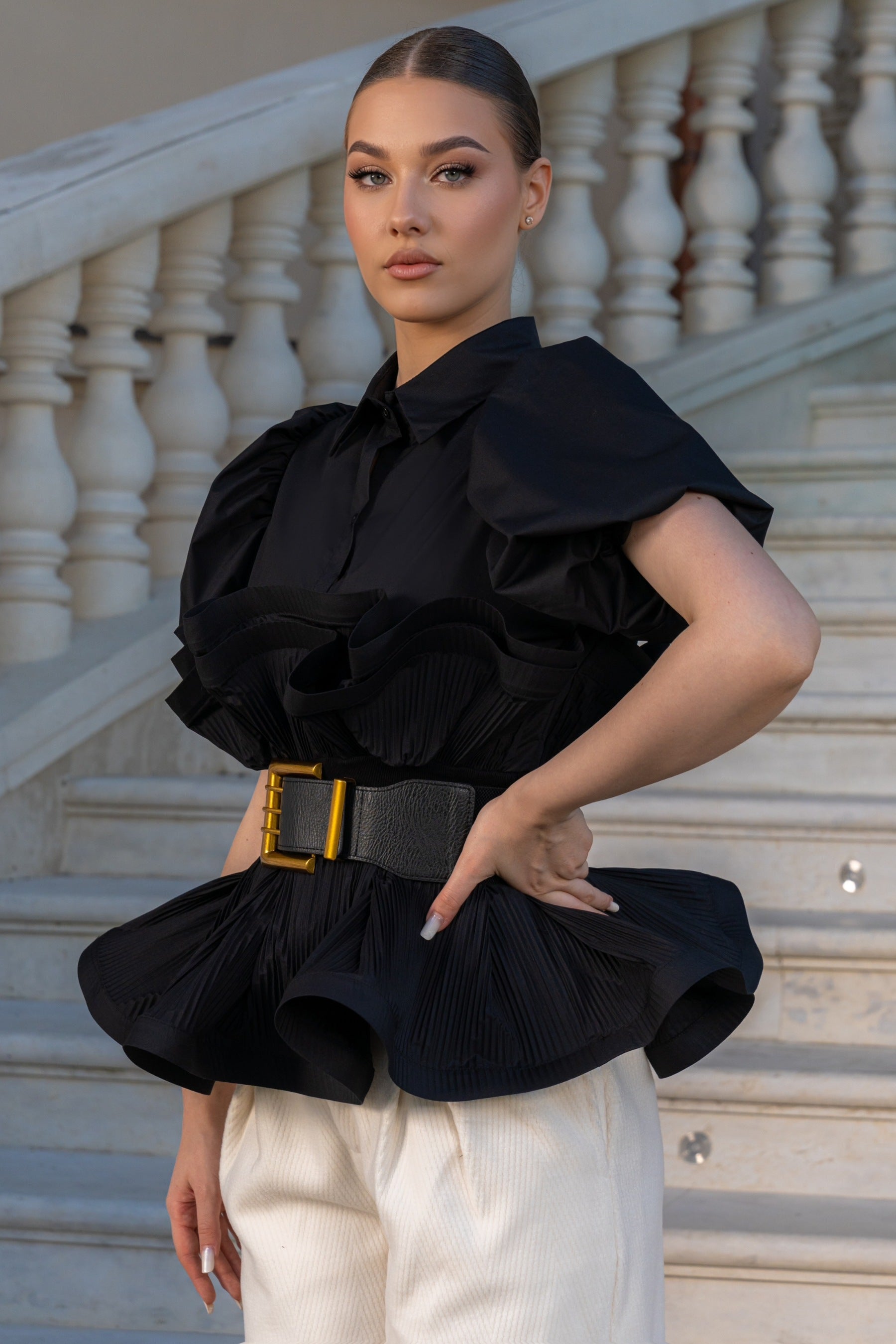 Short Sleeve Ruffle Shirt with Massive Belt - Black