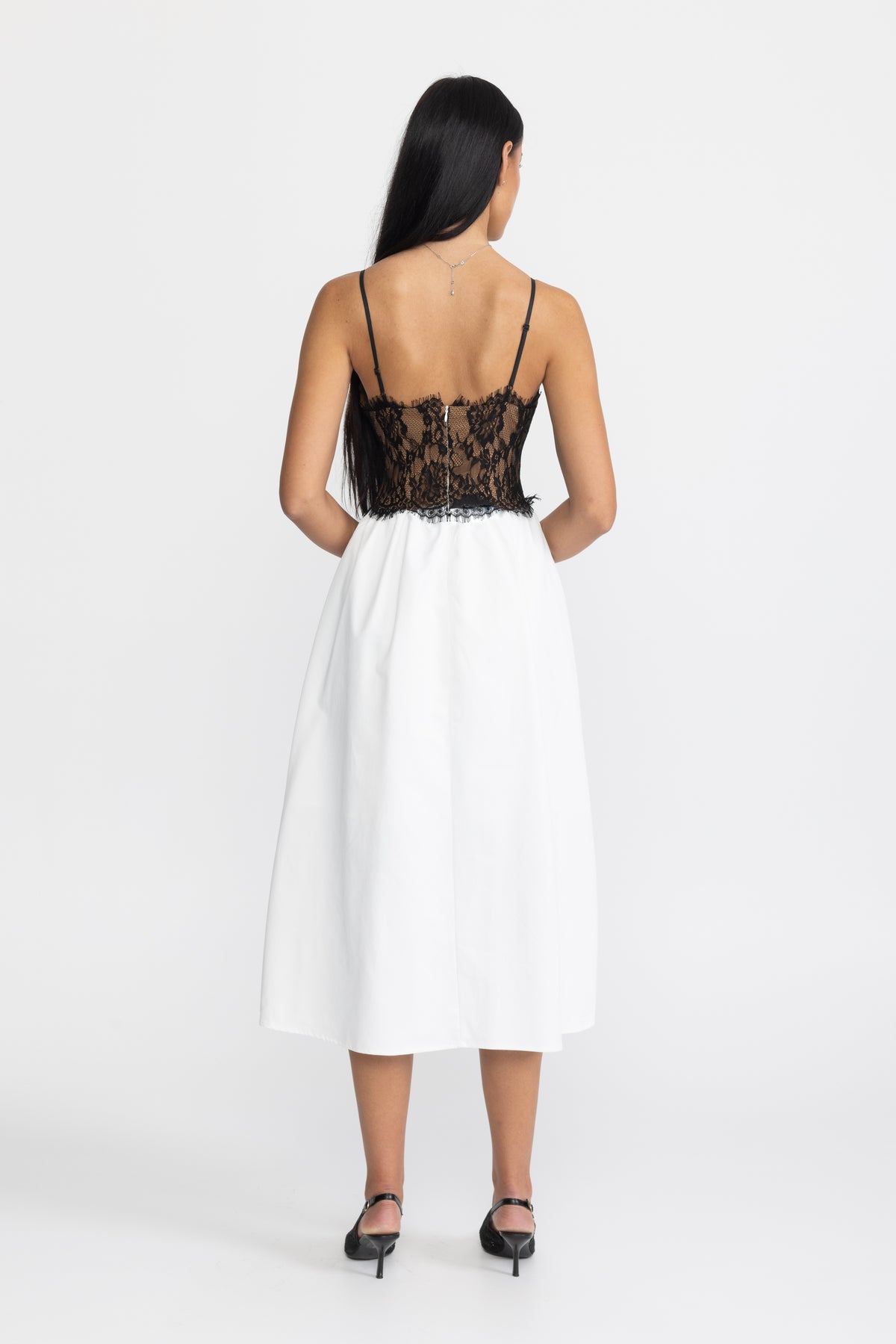 Lace Bustier Poplin Midi Dress - Black & White