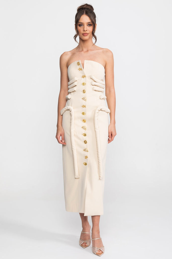 Strapless Midi Dress With Sculptural Knotted Bodice Detail And Jewel Buttons - Cream