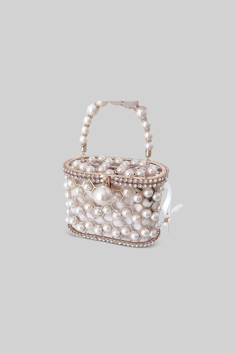 Metallic Bag with Pearls - White