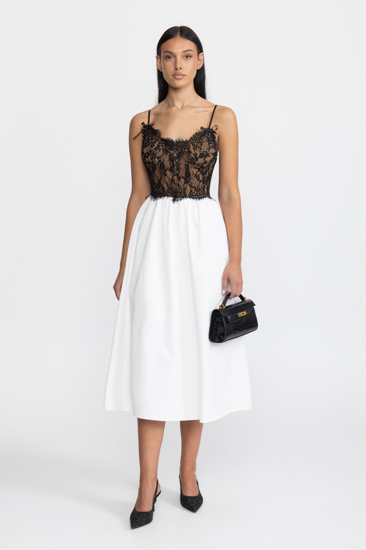 Lace Bustier Poplin Midi Dress - Black & White