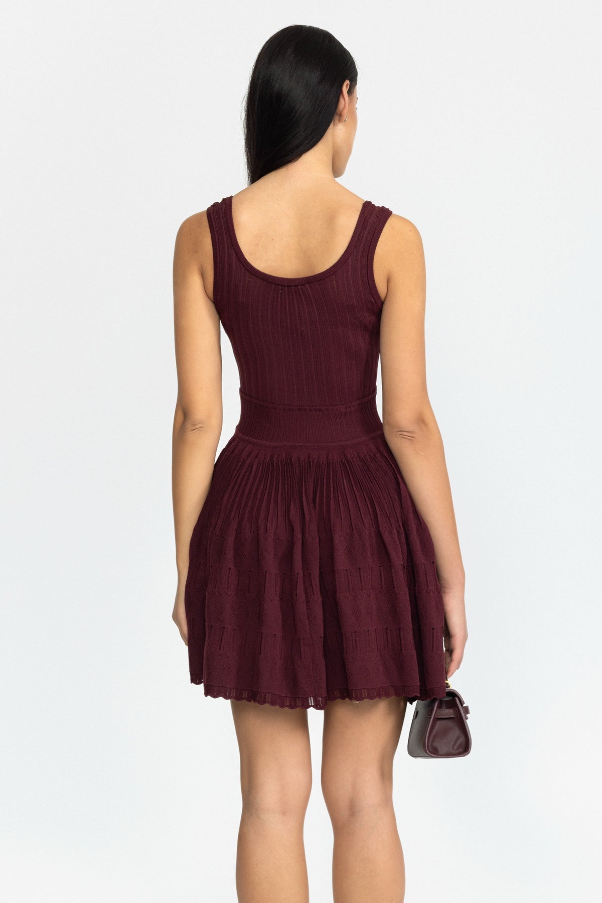 Pointelle Knit Skater Mini Dress - Wine