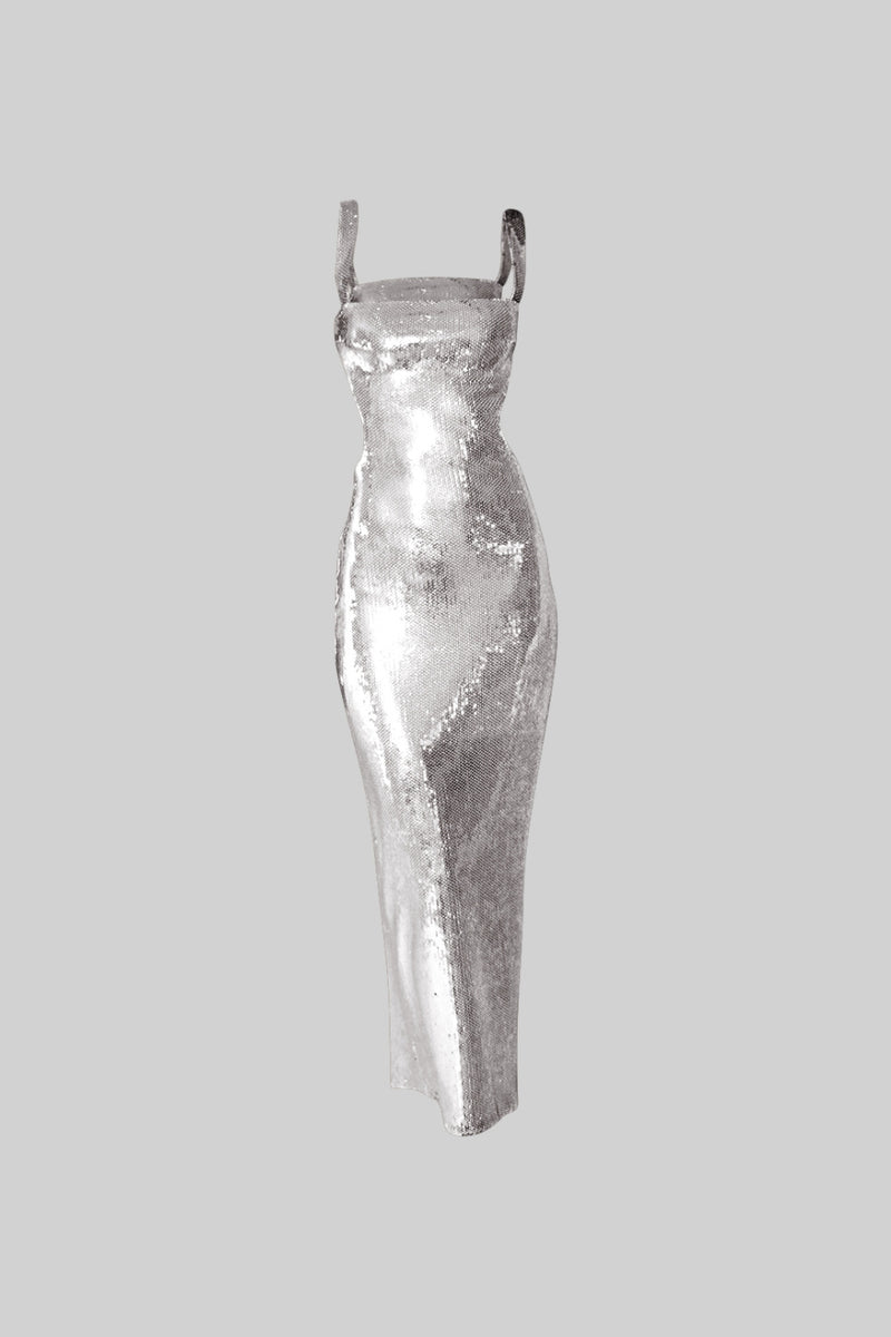 Contrastant Sequins Maxi Dress - Silver
