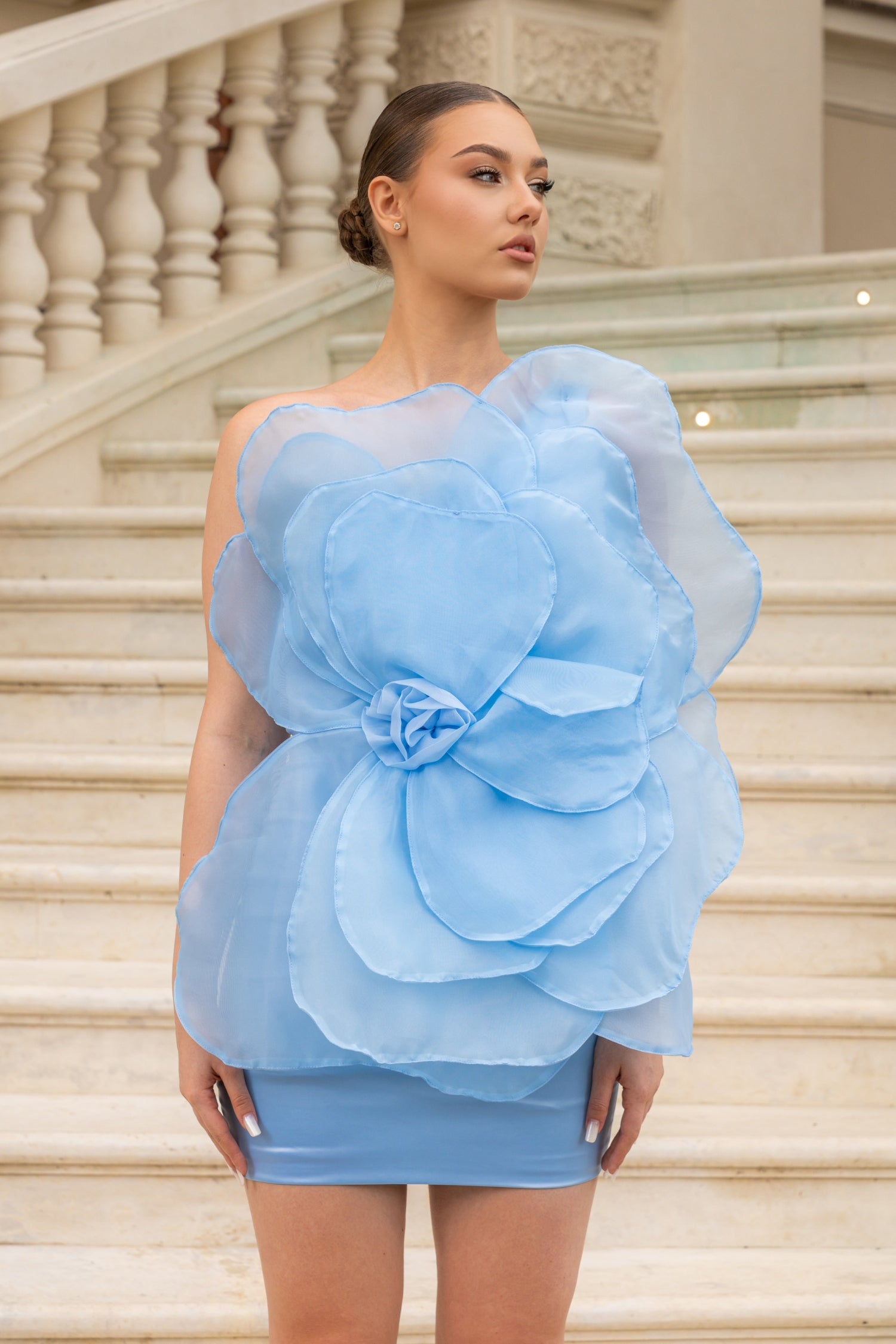 3D Voluminous Organza Floral Mini Dress - Blue