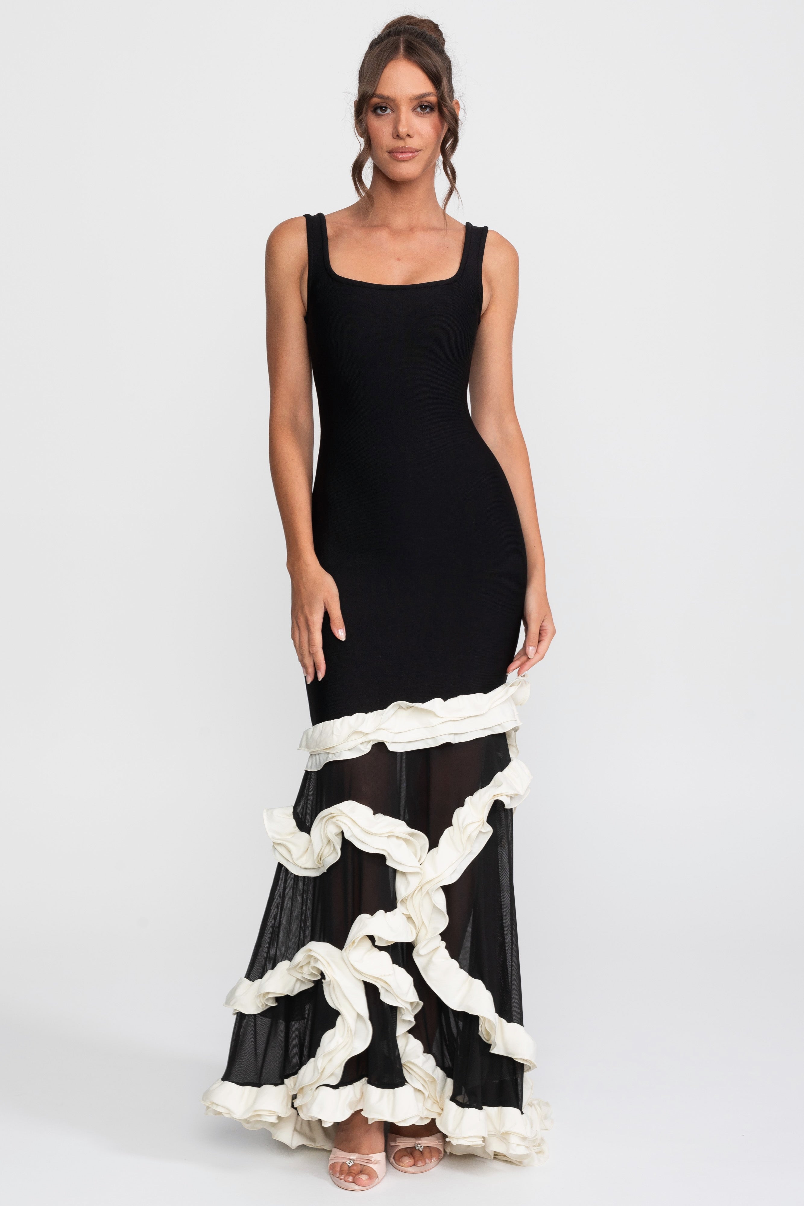 Ruffle Hem Bodycon Dress With Square Neck - Black