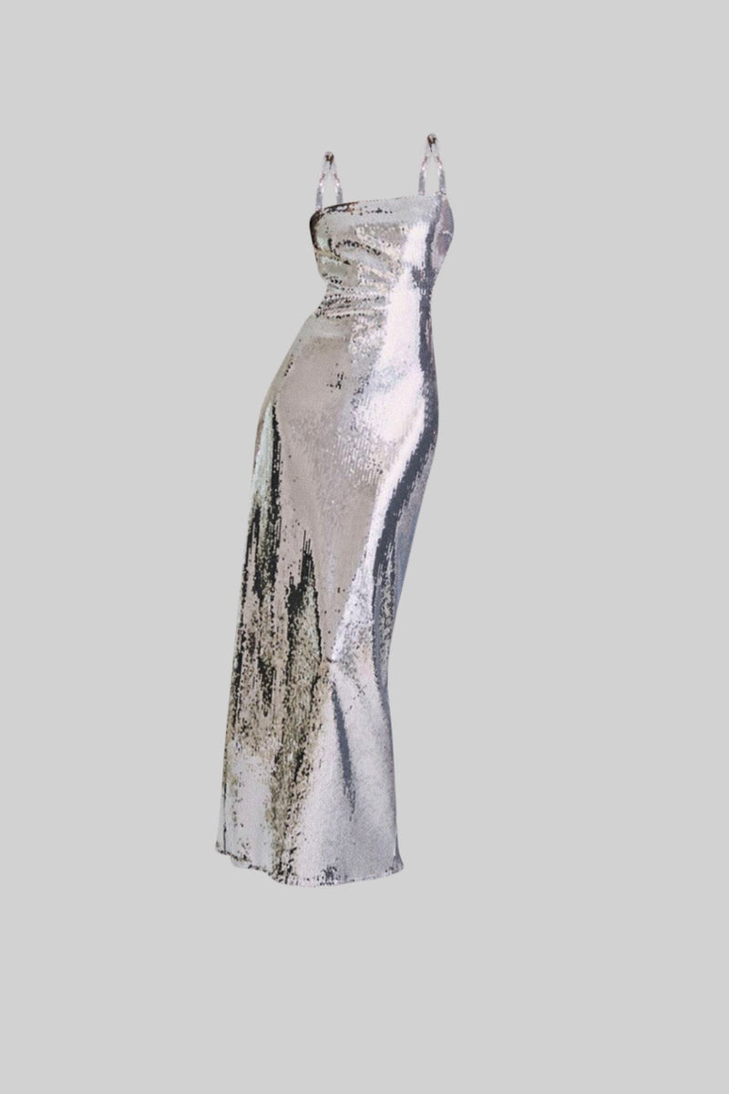 Contrastant Sequins Maxi Dress - Silver