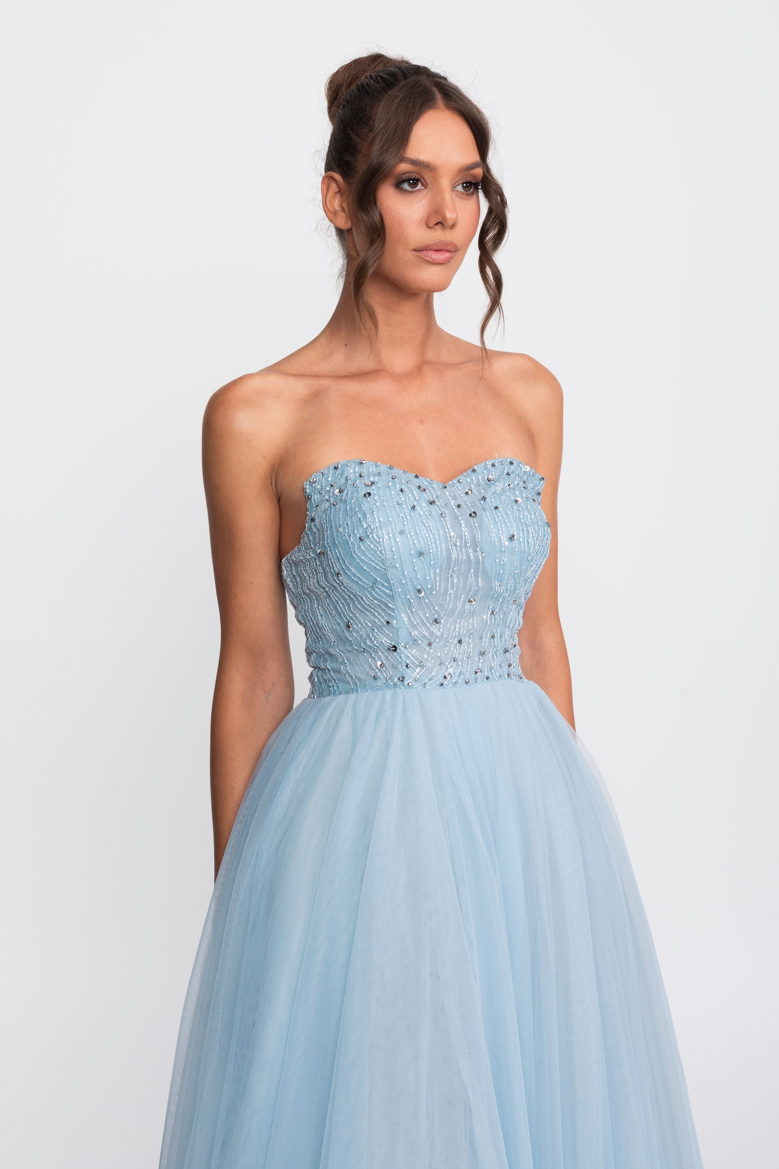 Tulle Strapless Ball Gown With Sequin Embellishments - Light Blue