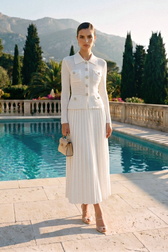 Open-Knit Dress with Pleated Midi Skirt - White