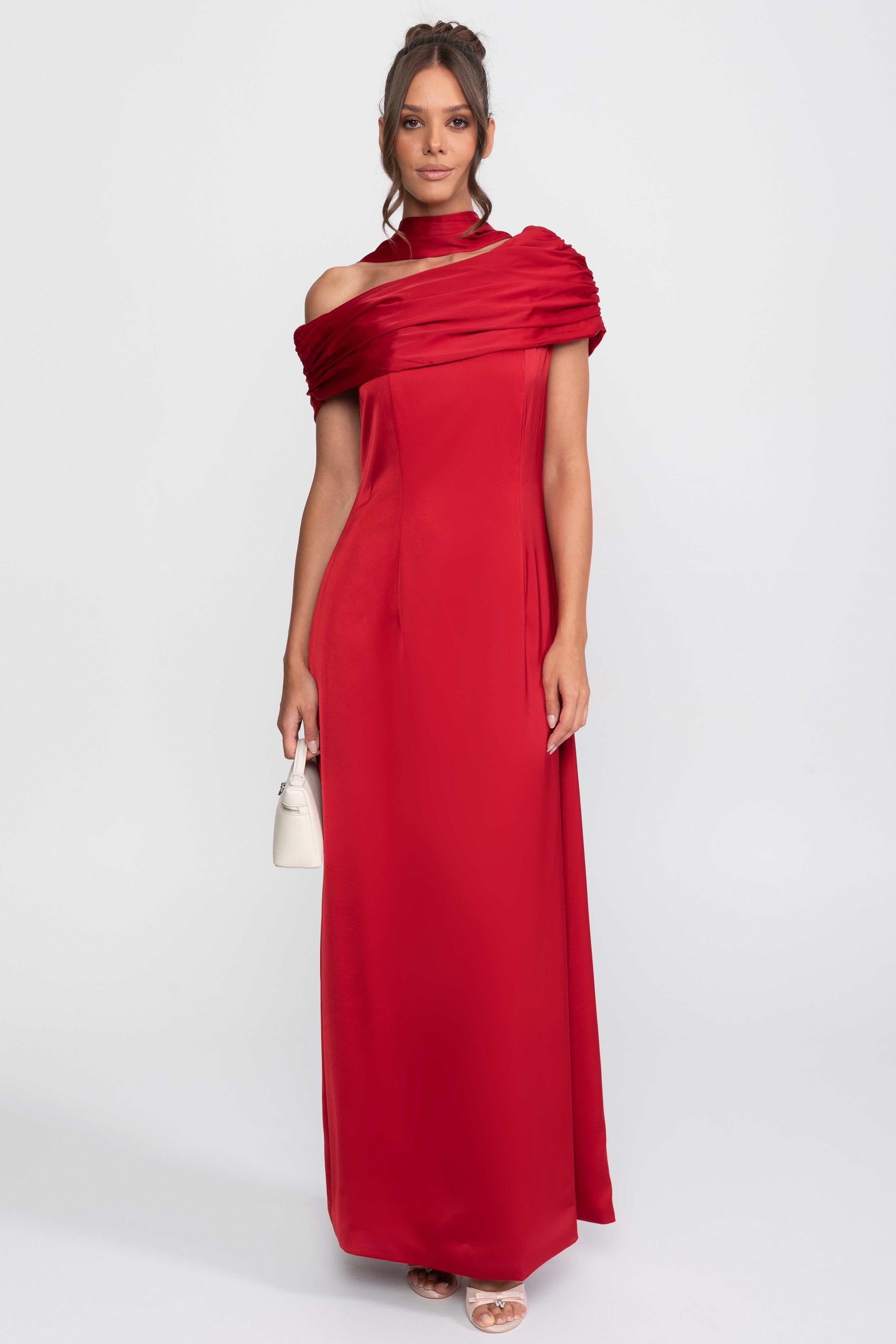 One-Shoulder Draped Satin Gown With Ruched Wrap - Red